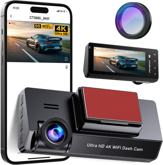 Dash Cam Front 4K Built-in 5GHz WiFi with CPL, Dash Camera for Cars with 64GB SD Card, App Control, 3.69" IPS Screen Dashcam with UHD 2160P, Night Vision, Loop Recording, Parking Mode, 170°Wide Angle