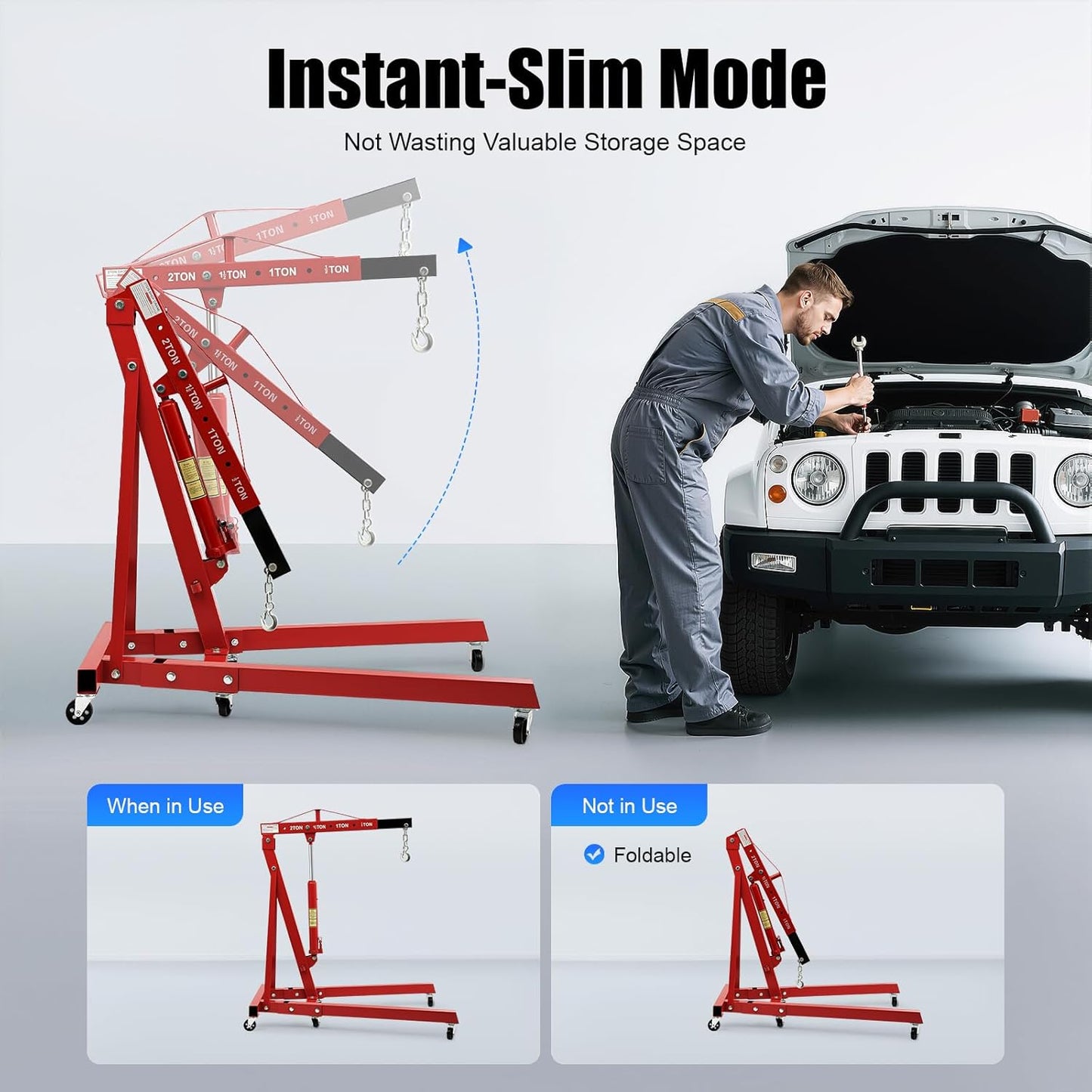 2 Ton Engine Hoist, Folding Hydraulic Engine Crane Red, Heavy Duty Cherry Picker Engine Crane, Four Adjustable Positions, Adjustable Load Arm & 6 Iron Caster Wheels for Garage, Workshop