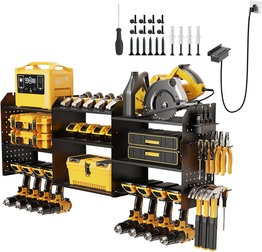 45" Power Tool Organizer Wall Mount with Charging Station - 3 Layer Storage Racks with 8 Cordless Drill Holder, 4 Hooks, Heavy Duty Garage Tool Organizer Storage for Workshop Shed Pegboard Basement