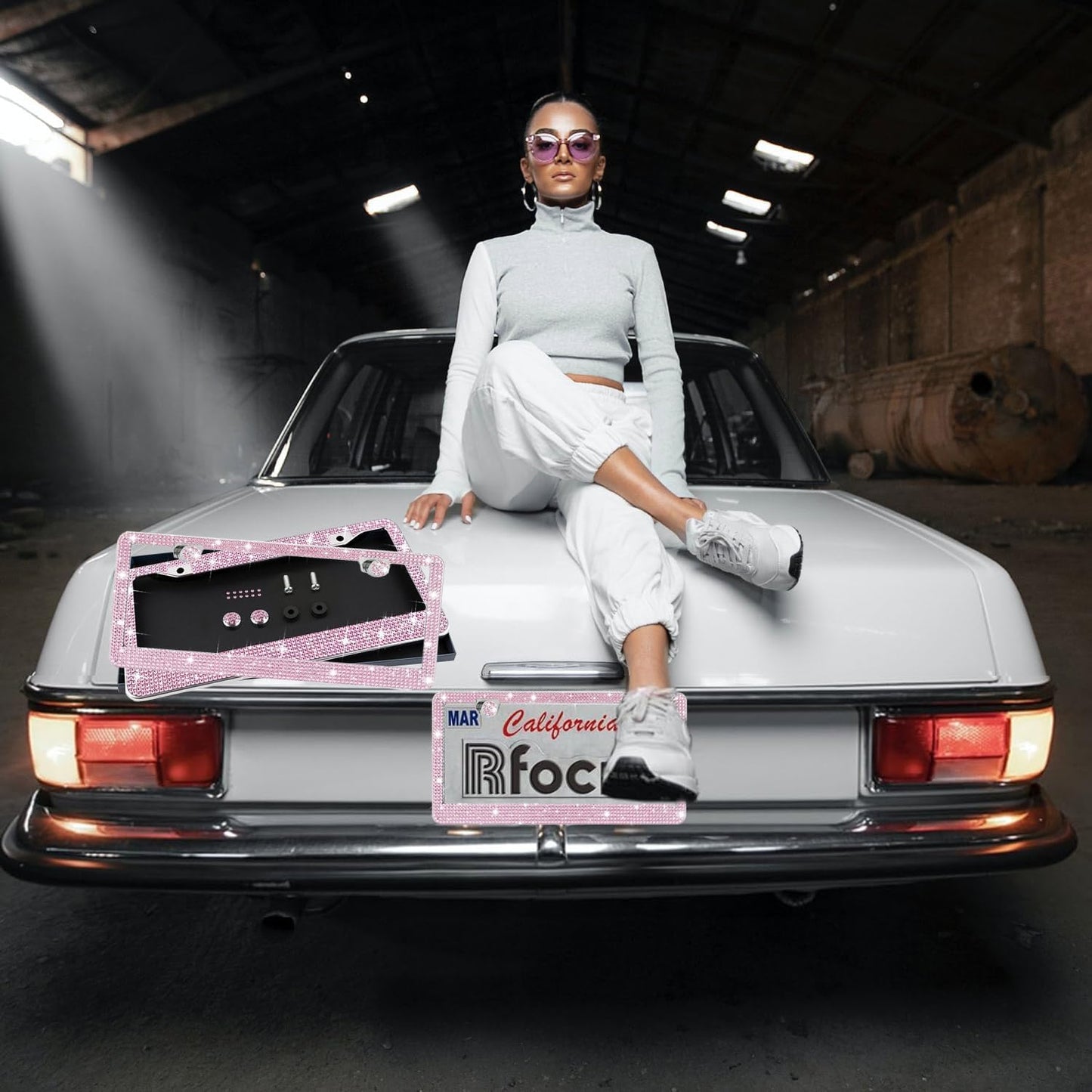 2 Pack License Plate Frames for Women, Sparkly Rhinestone Diamond Car Accessories with Glitter Crystal Caps (Pink (2PCS))