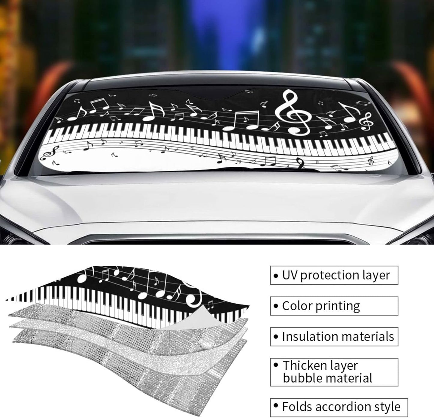 Black White Music Car Windshield Sunshade Front Window Sun Visor Protector Foldable Shield Cover for Truck SUV
