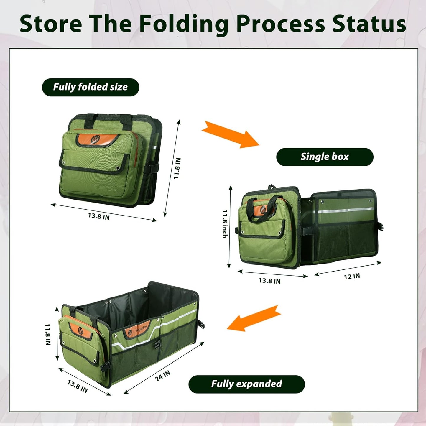 Foldable Waterproof Car Organizer with Non-Slip Traction Rope, 23.2”x13.8”x11.8” Heavy-Duty Trunk Organizer for SUV, Car Essentials List, Portable Vehicle Organizer,GREEN-M003