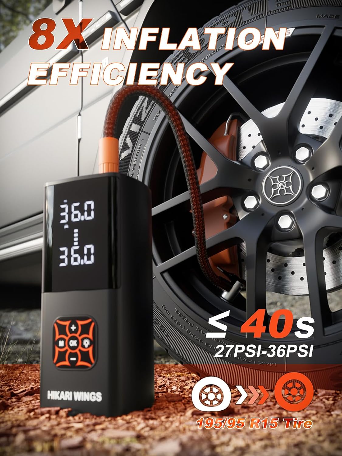 HIKARI Tire Inflator Portable Air Compressor-8X Faster, 25,000mAh Battery, 150PSI Cordless Air Pump with Digital Pressure Gauge for Car, Bike, Motorcycle, Balls
