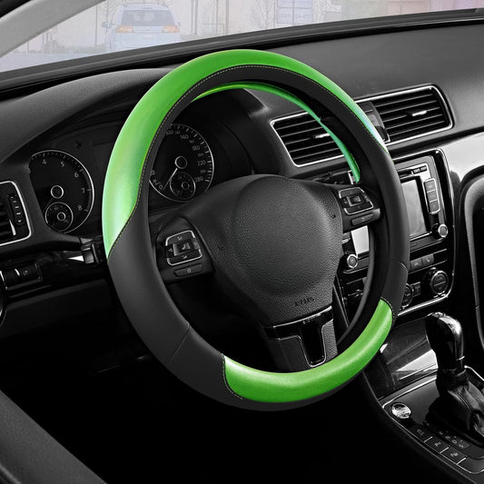 Road Comforts Steering Wheel Cover – Breathable Leather Steering Wheel Cover, Anti-Slip Grip, Universal Fit 14.5” to 15”, Heat & Cold Resistant for Cars, SUVs, and Trucks – Black & Green