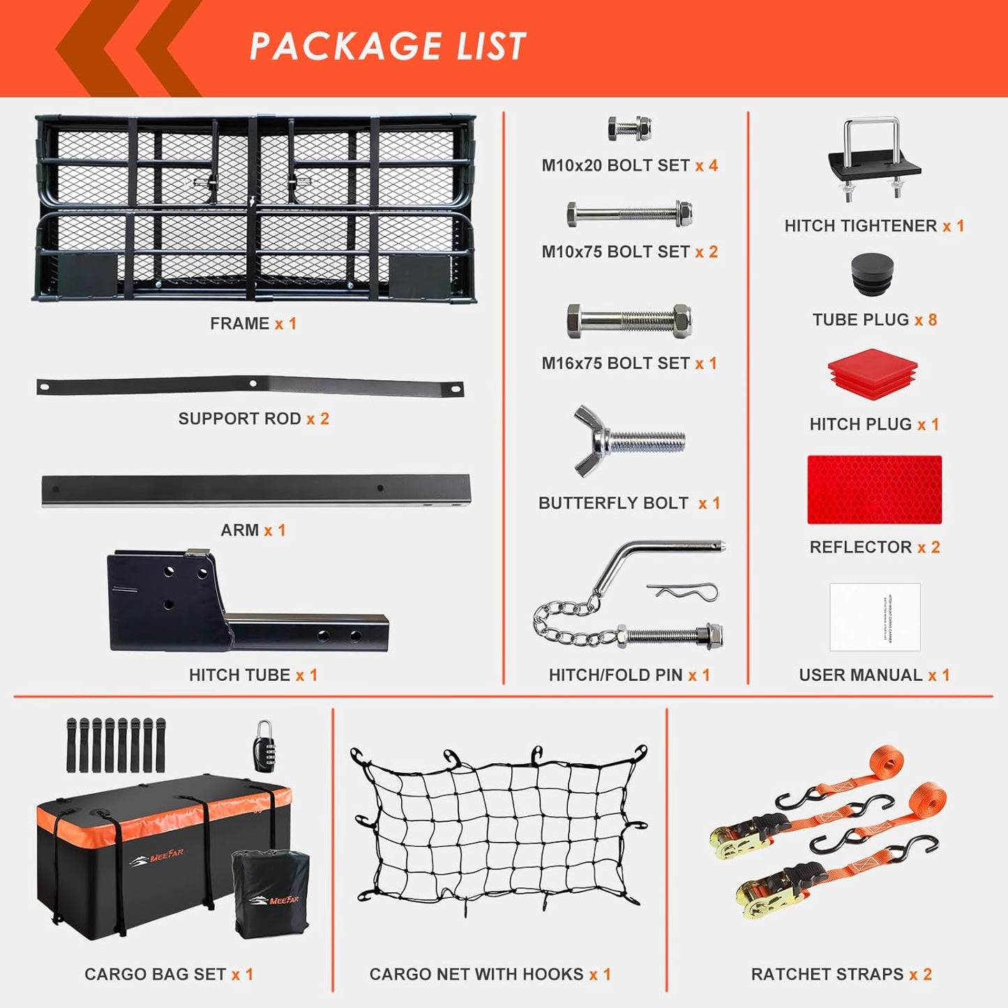 MeeFar High Rail Trailer Folding Hitch Mount Cargo Carrier Basket 60" X 24" X 14"+Waterproof Cargo Bag 20 cu ft(59" 24" 24"), Capacity of 500 Lbs with Hitch Stabilizer, Net, Lock and Straps