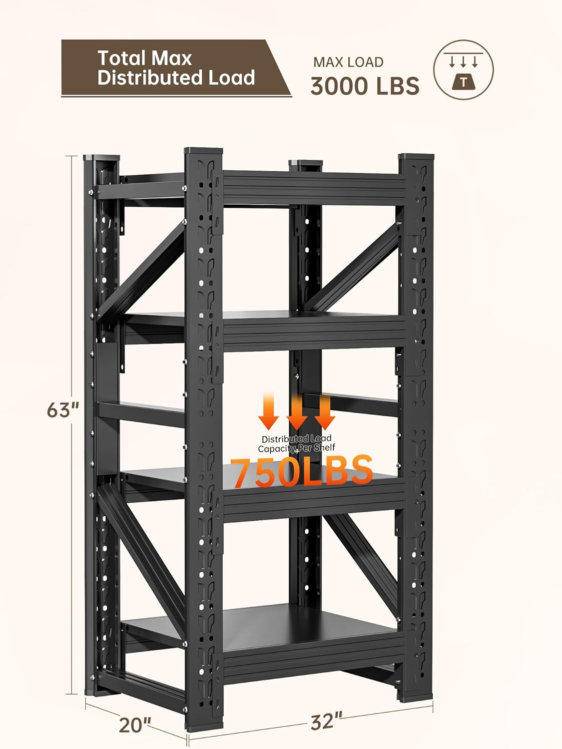 4-Tier Storage Shelves,63" H Heavy-Duty Garage Shelving Unit,Adjustable Industrial Metal Shelf System,3,000lbs Capacity,Tool Organizer for Garage,Workshop,32" W*20" D*63" H,Black