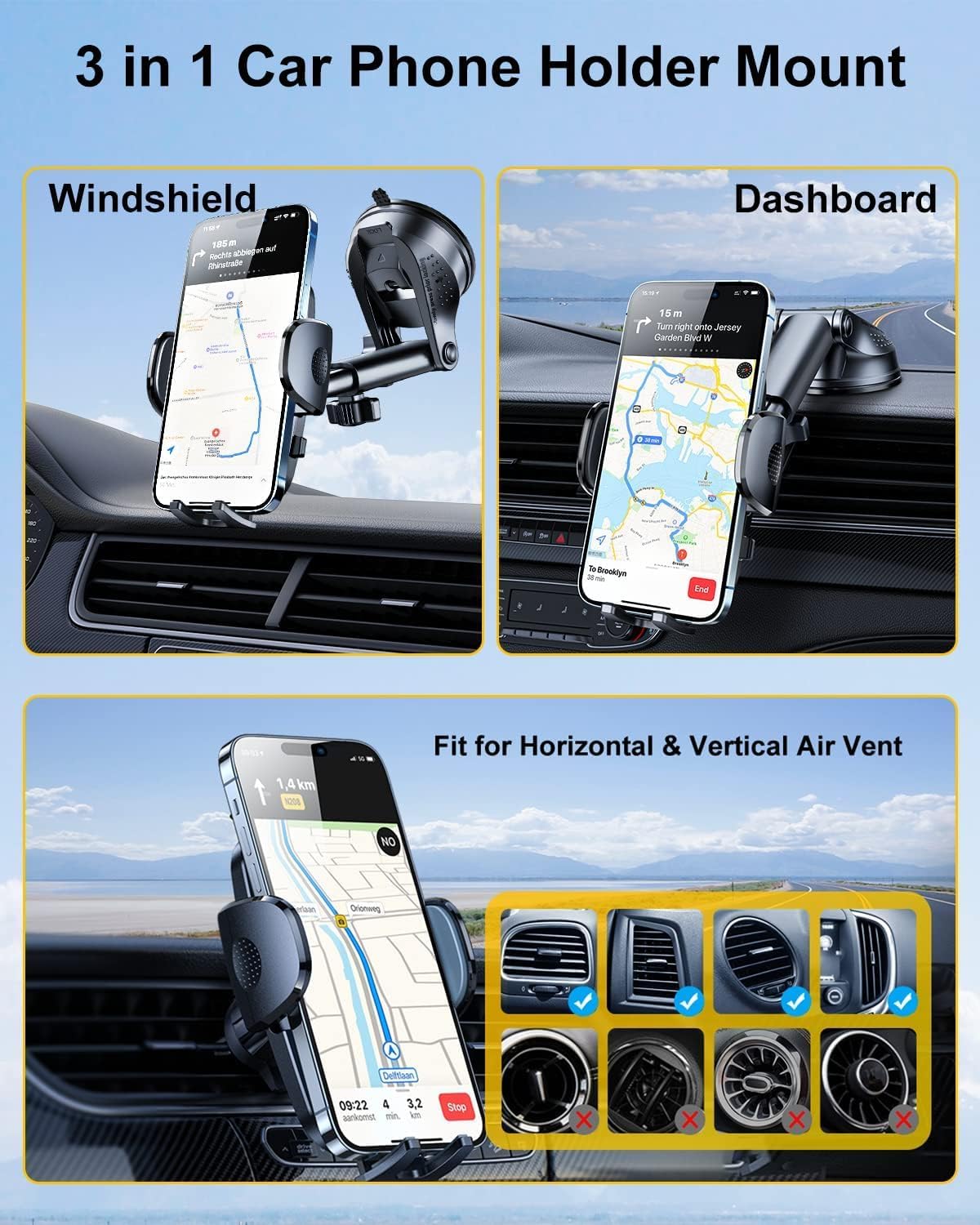 3-in-1 Car Phone Mount [2025 Upgraded Suction Cup] - Dashboard/Vent/Windshield, 60LBS Strong Hold, 360° Rotation, Thick Case Friendly - Fit iPhone 14/Samsung Galaxy & All Phones (Black)