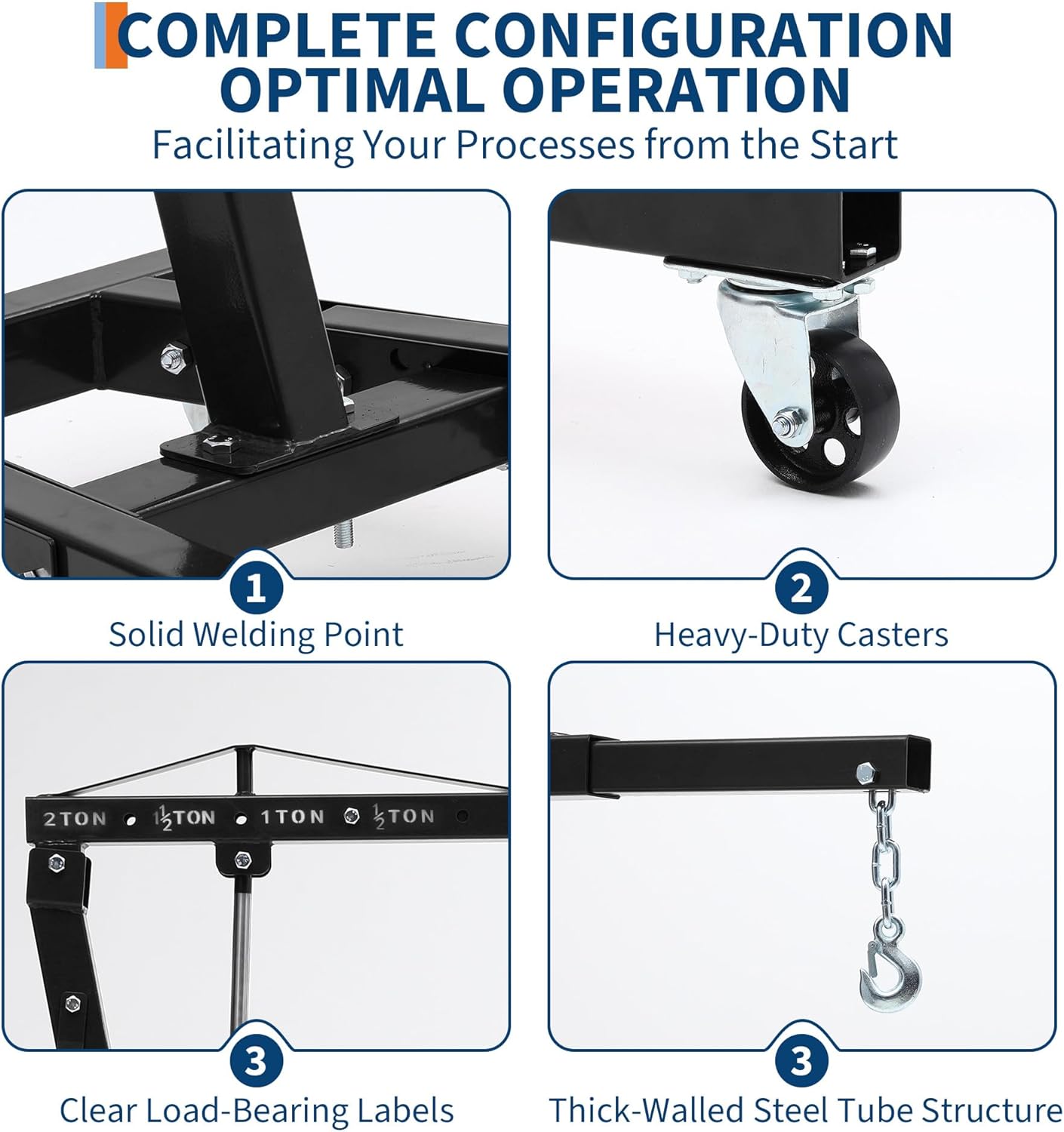 Engine Hoist Cherry Picker, 2 Ton Folding Hydraulic Engine Hoist with Telescopic Boom & 6 Casters, Heavy Duty Shop Crane Lifting Cherry Picker for Workshops Garage, Black