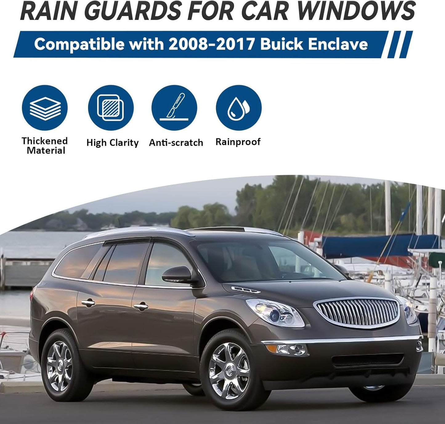 4pcs Front+Rear Smoke Tint Sun/Rain Guard Outside Mount Tape-On Vent Window Visors Compatible with 08-17 Enclave