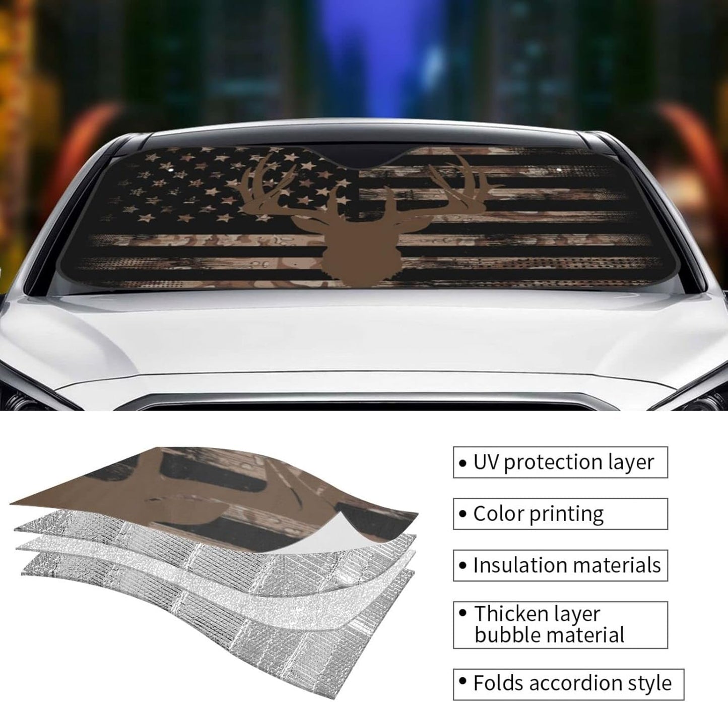 American Flag Camouflage Car Windshield Sunshade Front Window Sun Visor Protector Foldable Shield Cover for Truck SUV