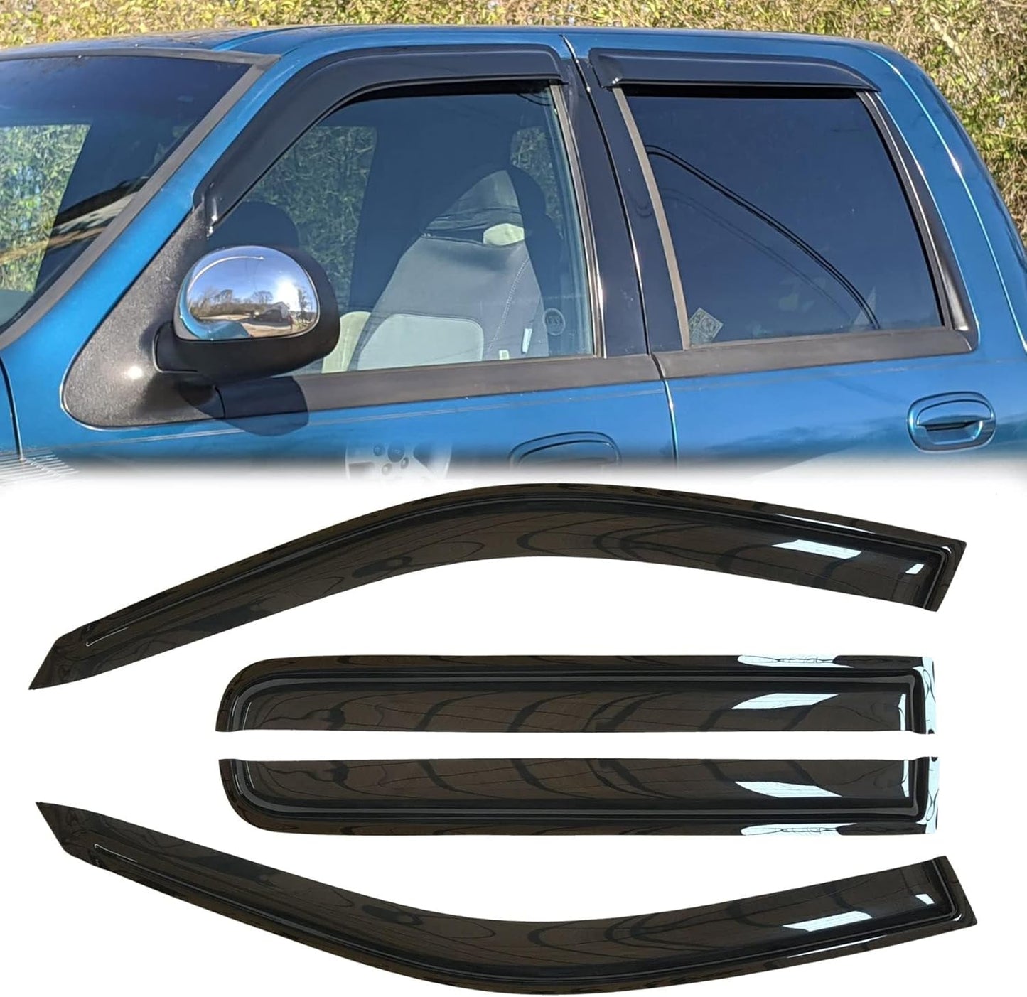 4pcs Original Shatterproof Outside Mount Rain Guard Durable Side Window Wind Deflectors Dark Smoke Vent Window Visors Compatible with F-150 01-03 Crew (Super Crew) Cab Pickup 94949