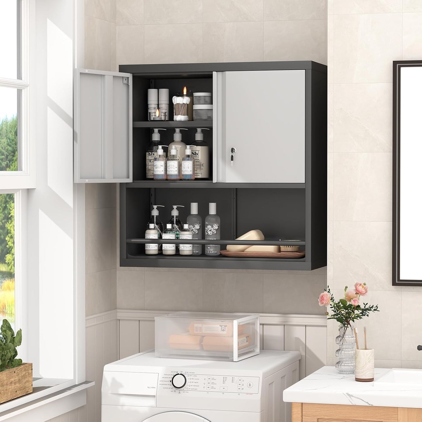 GREATMEET 31" H Locking Metal Garage Storage Cabinet with Doors and Shelves, Lockable Wall Cabinet Storage, Black&Grey Steel Wall Mount Cabinet Hanging Floating for Office Utility Room