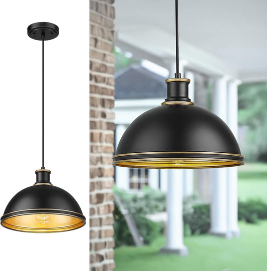 kudos Outdoor Pendant Light, 12" Large 1-Light Hanging Porch Lights, Black Outside Chandelier for Porch Gazebo Patio Entryway, KDOPL03-BK-S