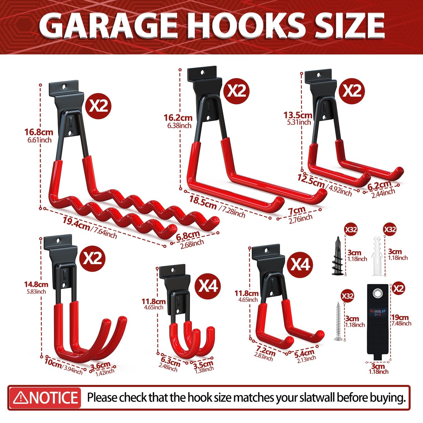 3-H Slatwall Accessories 18 Pack, Slatwall Hooks & Hangers Multi Sizes, Slat Wall Heavy Duty for Space Saving Used as Proslat Accessories with Slatwall Panel(Red)