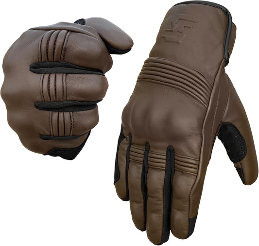 Leather Motorcycle Gloves for Men and Women | Touchscreen | Full Finger | Goatskin Leather Hard Knuckle Motorcycle Riding Gloves (Classic Brown, Medium)