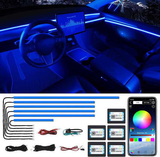 Acrylic Interior Car LED Strip Light with Wireless APP, RGB 6 in 1 with 175 inches 600 LEDs Fiber Optic Car Ambient Lighting Kits, 16 Million Colors Sound Active Function LED Strip for Car