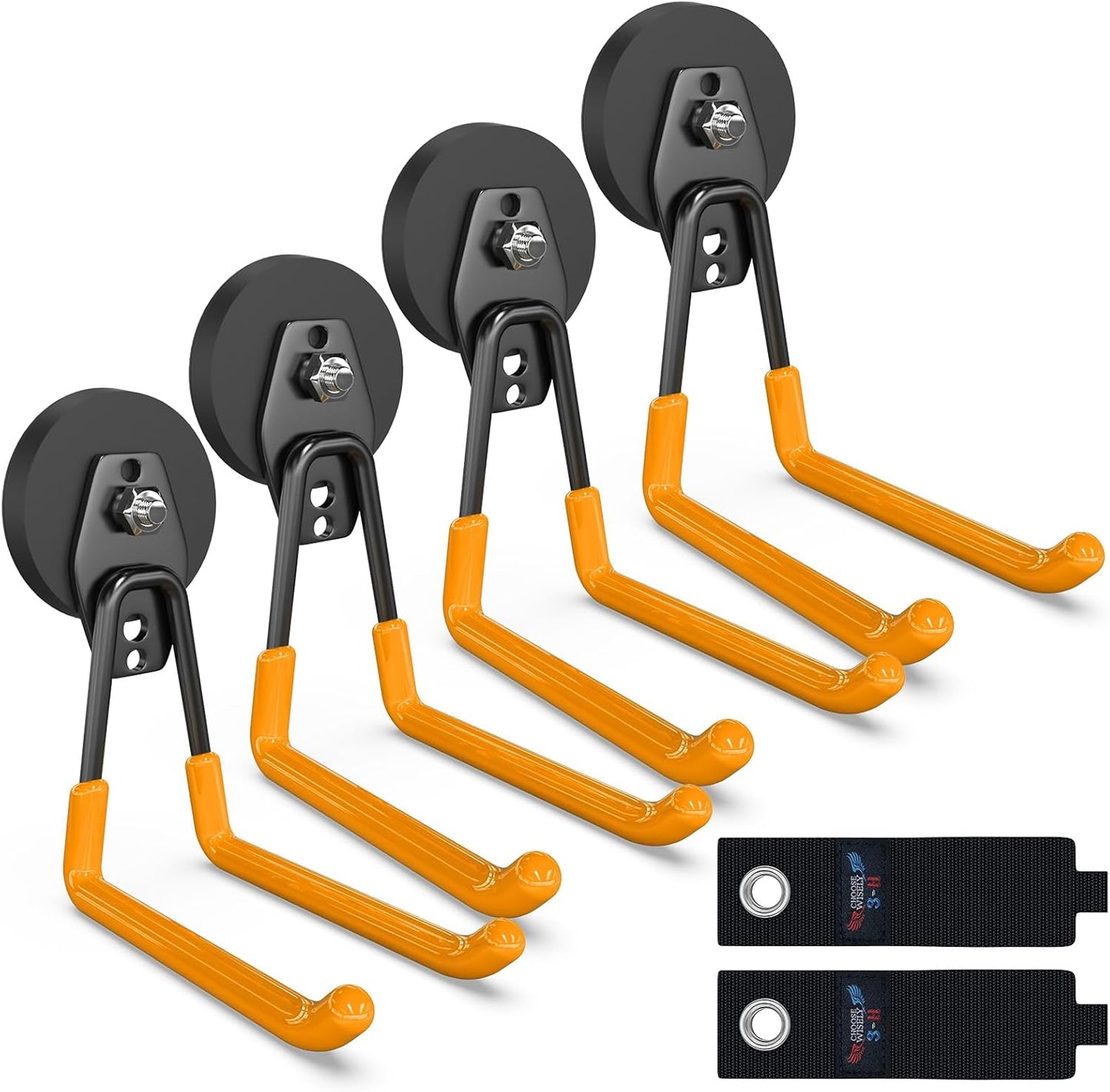3-H Heavy Duty Magnet Garage Hooks 4 Pack, Extra Large Strong Magnetic Hooks for Hanging Cordless Power Drill, Utility Magnetic Tool Holder for Metal Cabinet, Steel Pegboard, Toolbox, Garage(Orange)