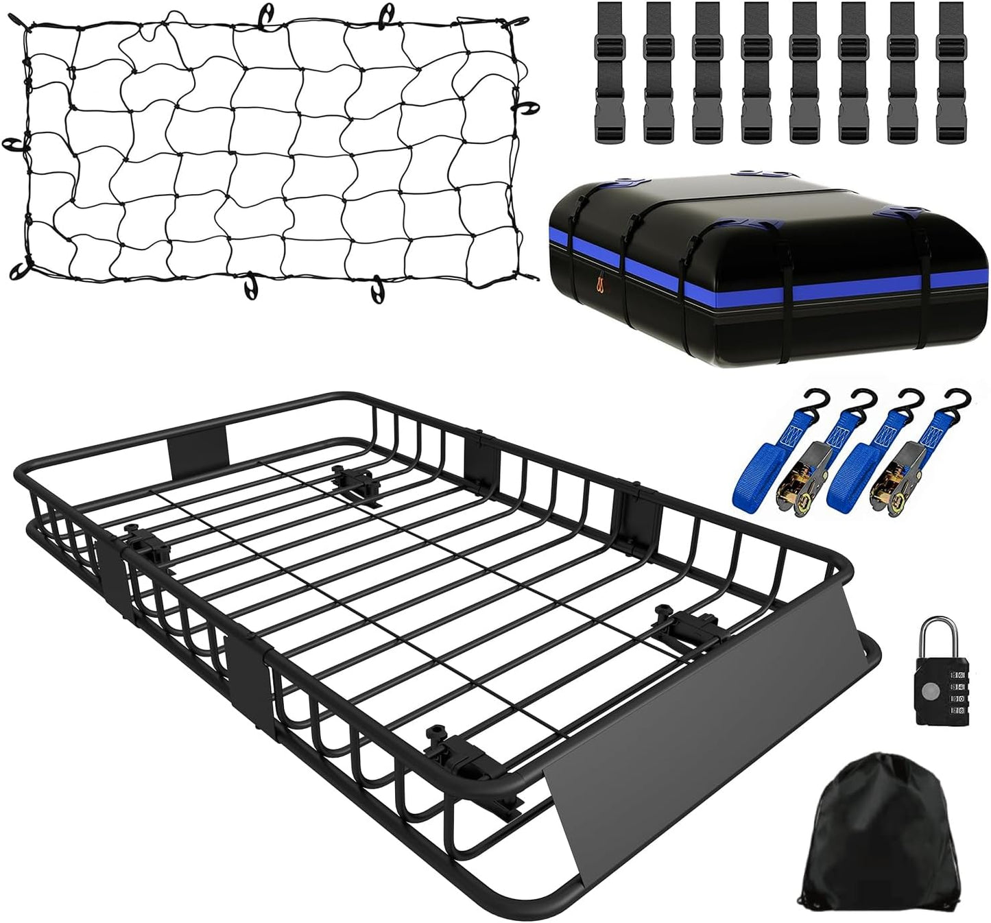 FORWODE Roof Rack Carrier Basket, 64" x 39" x 6" Rooftop Cargo Carrier with 250 lbs Capacity, Rust-Proof Steel Heavy Duty Car Top Luggage Basket with Waterproof Cargo Bag, Net and Straps