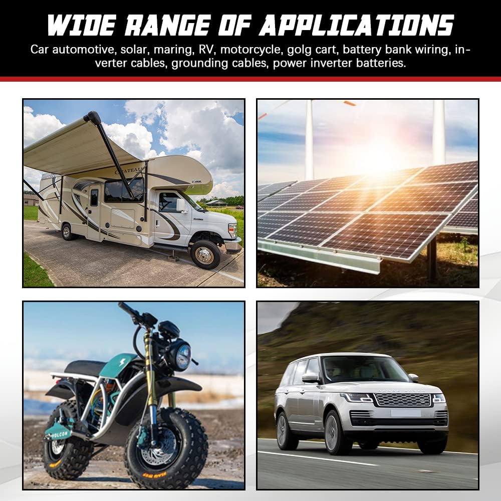 A ABIGAIL 2 AWG Battery Cable 2AWG Gauge Pure Copper Battery Inverter Cables with 3/8 in Lugs Both Ends Power Inverter Wire Set for Automotive Solar Marine Boat RV Car Motorcycle Red and Black (2FT)