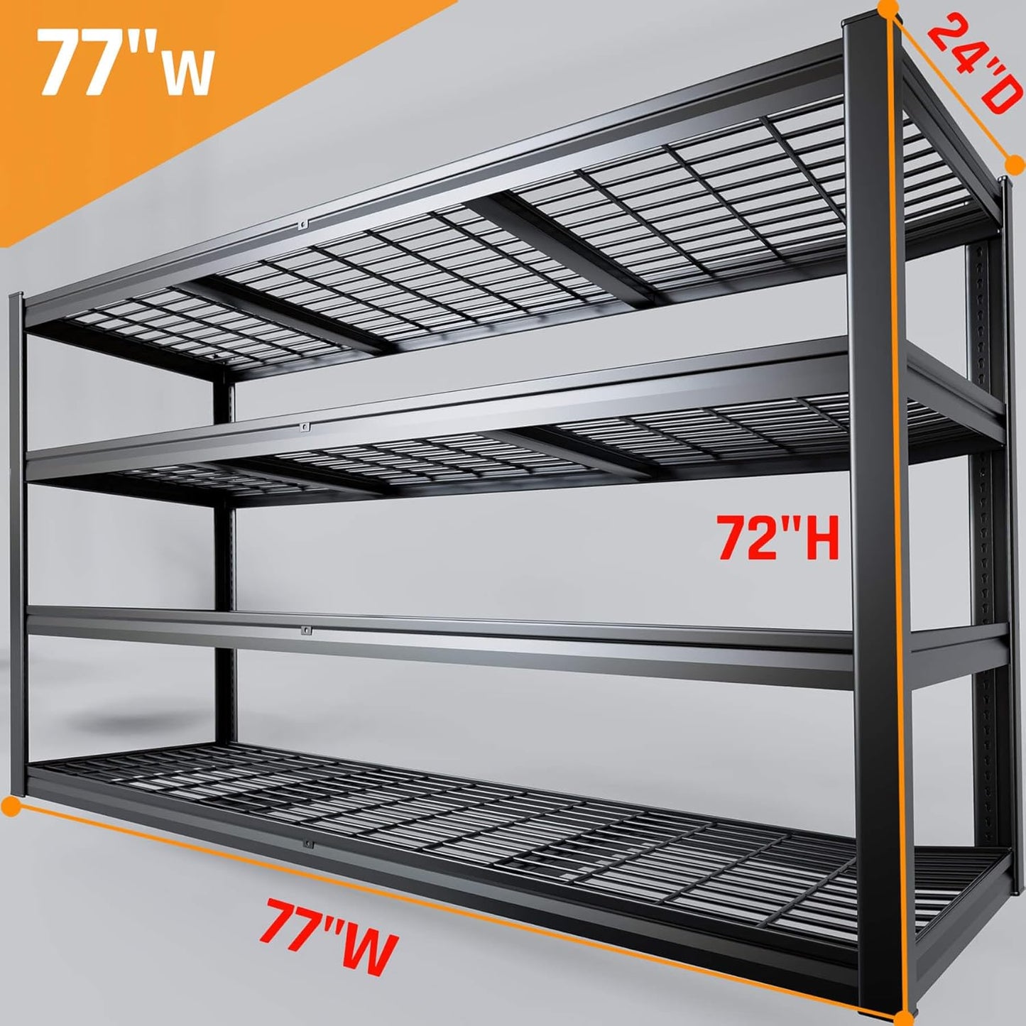 77" W Storage Shelves Heavy Duty Garage Shelving 4 Tier Metal Shelving Unit, Adjustable Shelves, 5000LBS Steel Industrial Shelving for Basement Warehouse Commercial, 77" W*24" D*72”H, 2 Pack