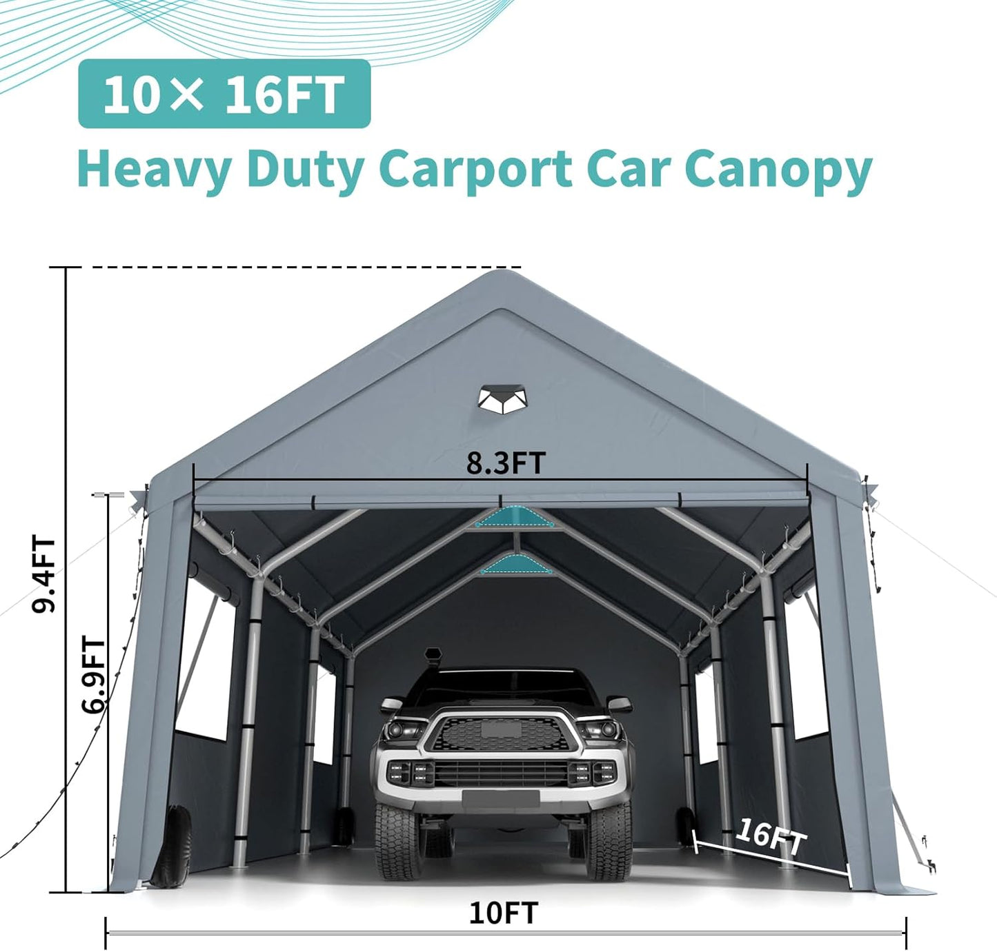 Carports 10X16 Heavy Duty，Car Ports with 180G Removable Side Walls, Carport Canopy, Portable Car Port Garage, Car Shelter All Weather,Gray