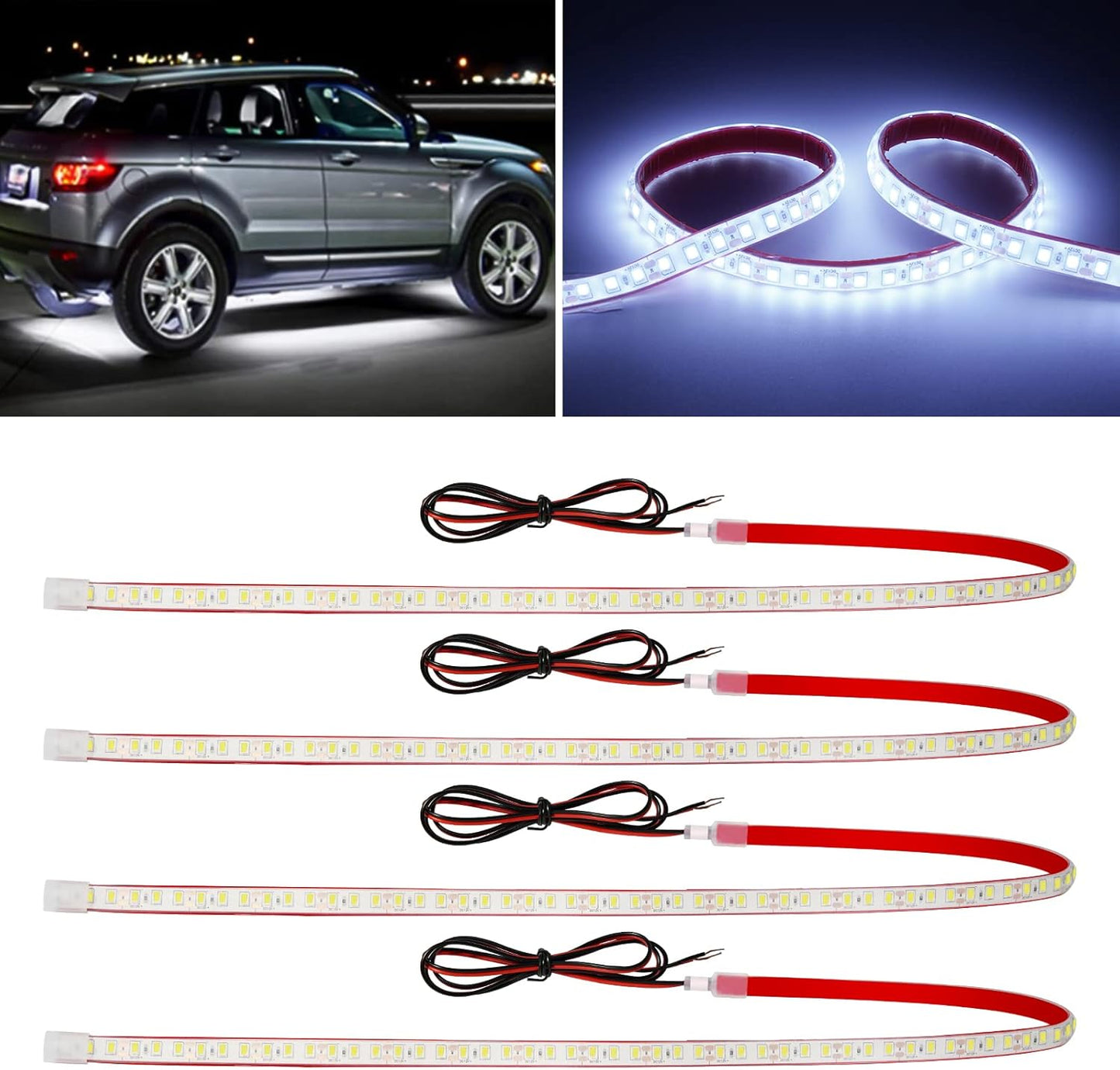 12V Car LED Strip Light,24inch Car Interior Light Strip IP68 Waterproof Cuttable for Car Motorcycles Boat Golf Cart Truck Cargo Home Decoration with Strong Nano Tape,(4PCS)