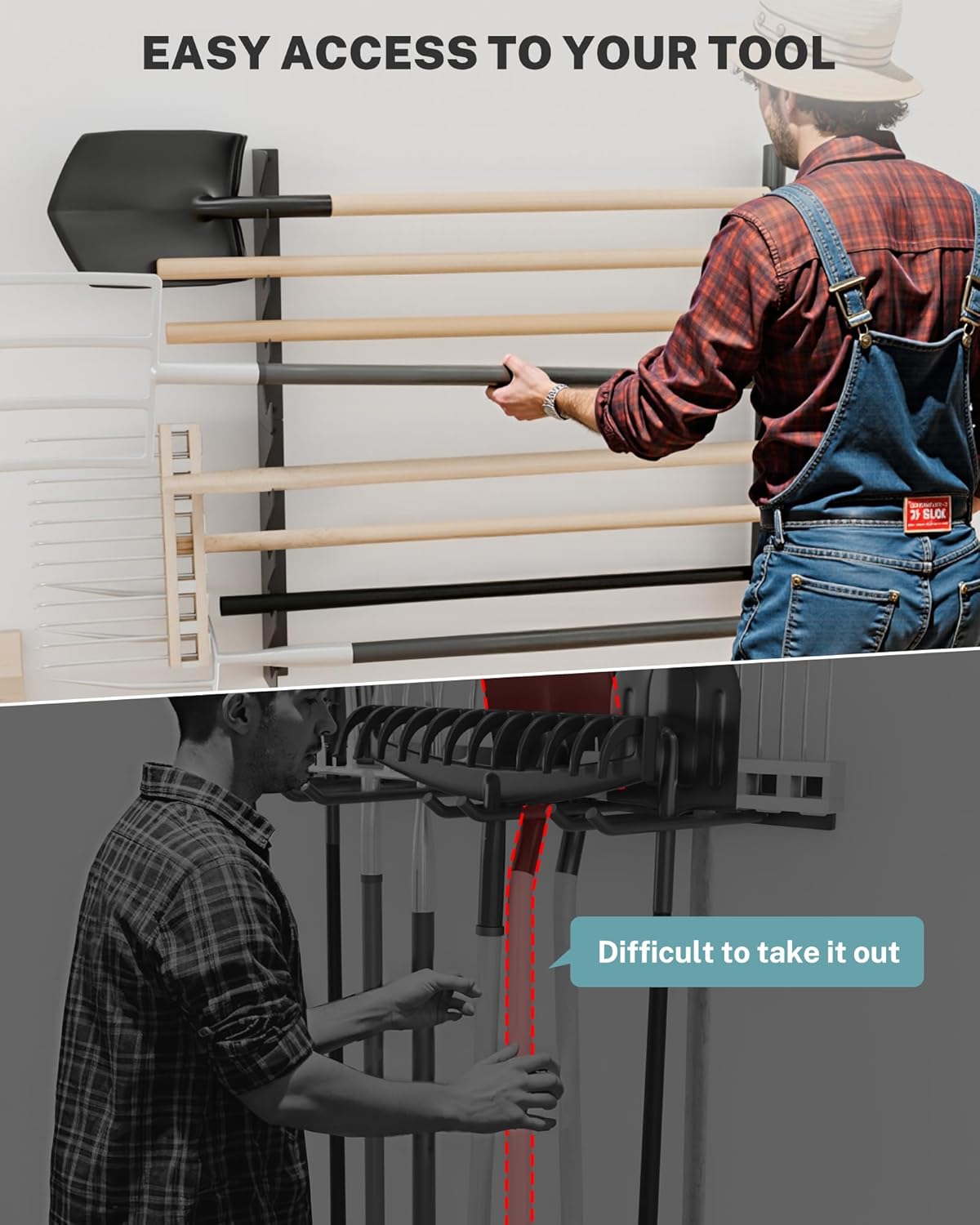 Garage Tool Organizer Wall Mount, Shed Yard Organization Racks for Walls, Horizontal Tool Racks, Shovels and Rakes, 2FT