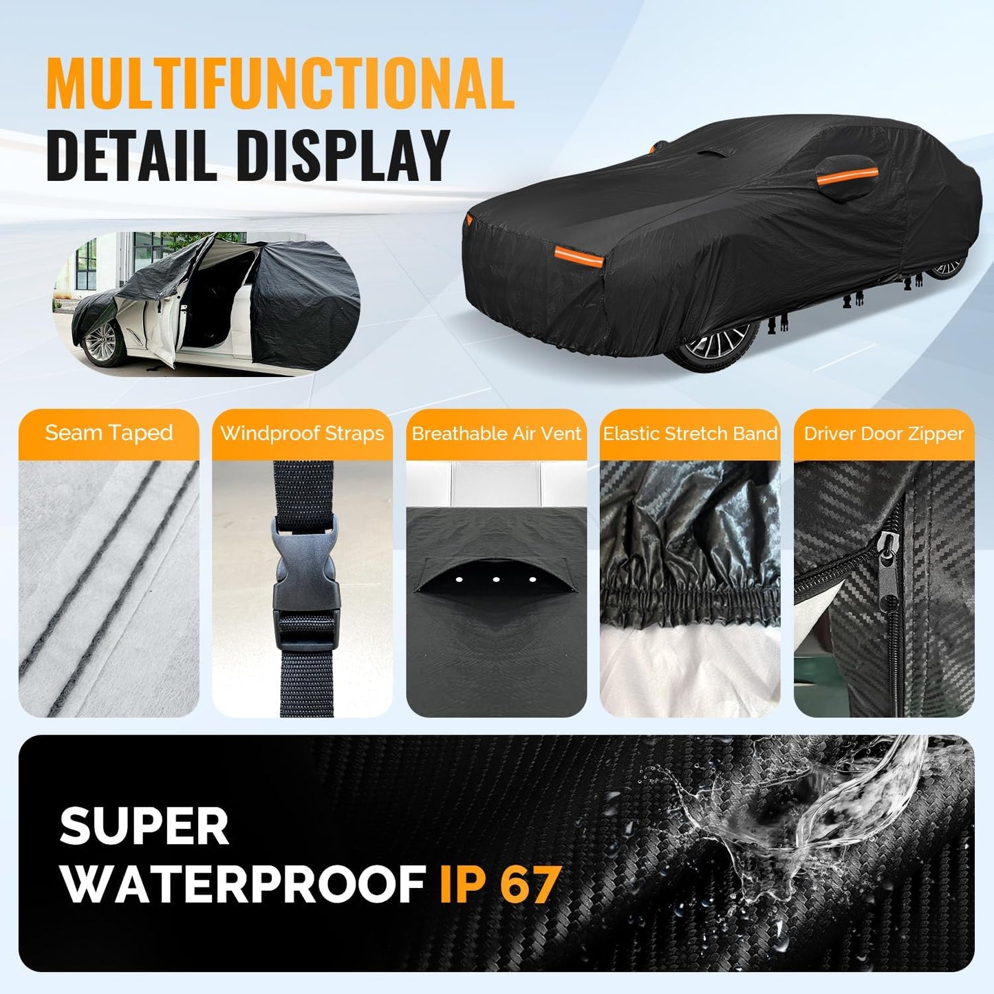 30 Layers Car Cover for Automobiles All Weather Waterproof, Outdoor Snowproof UV Protection Windproof, Door Zipper, Soft Cotton, Heavy Duty Universal Car Covers, (Black, Fit Sedans 191"-200")