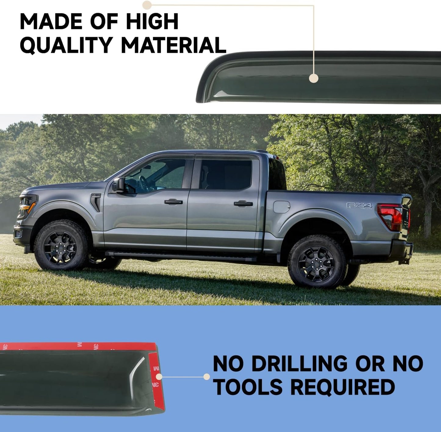 Outside Mount Window Visors Rain Guards Fit for 2015-2024 Ford F150 SuperCrew, Fit for 2017-2024 F150 Raptor F250 F350 F450 F550 Super Duty Crew Cab, Side Wind Deflectors Vent Shade