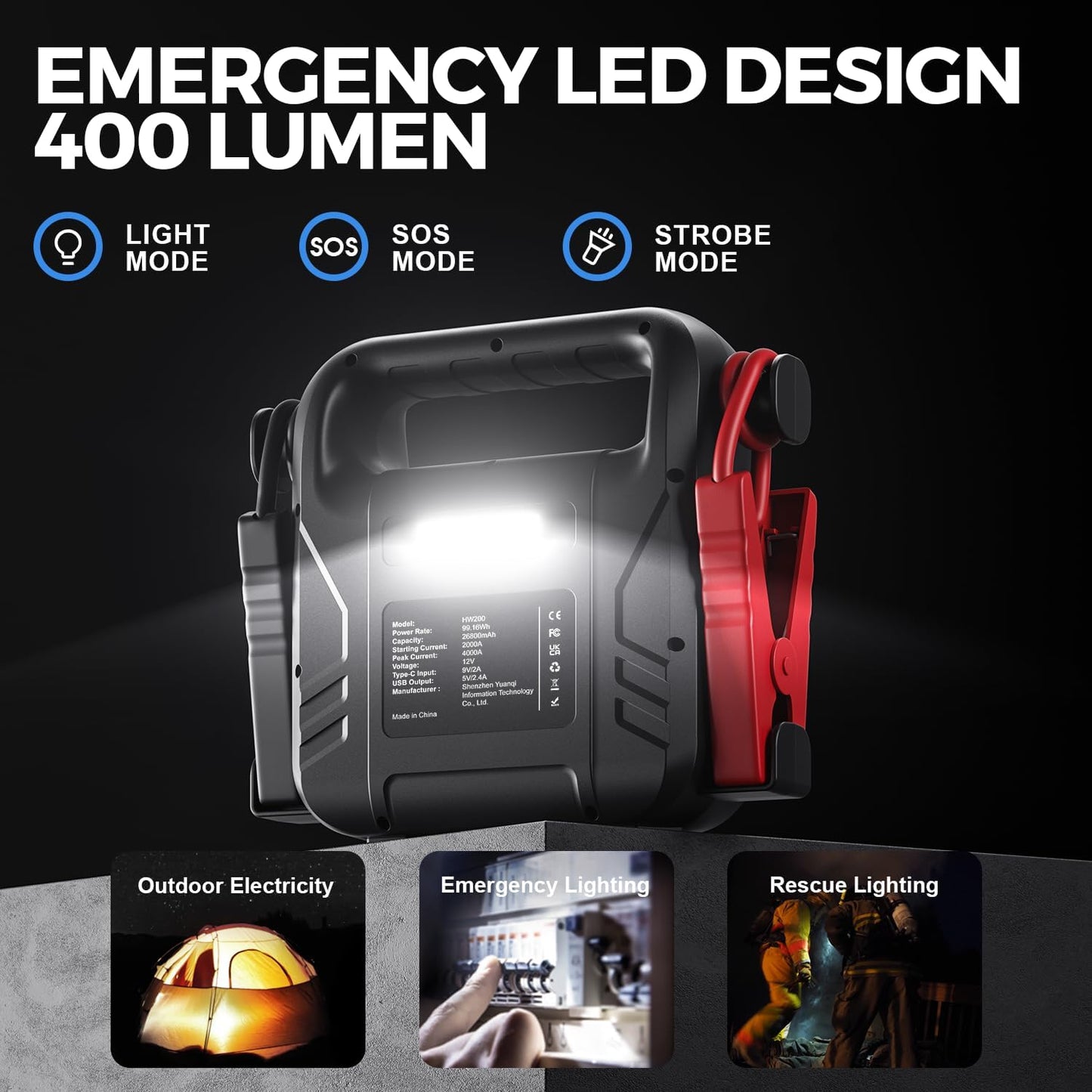 Car Battery Jump Starter 4000A, Car Jump Starter Jump Box(Up to All Gas or 10L Diesel Engine),12V Jump Starter Battery Pack Portable Smart Jumper Cables, Lithium Jumpstarter with LED Light