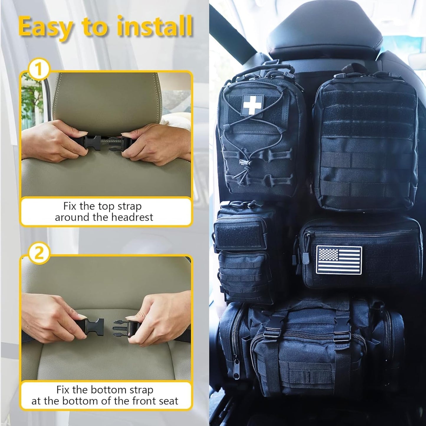Universal Tactical Seat Back Organizer Vehicle Molle Panel Organizer Storage Bag with 5 Detachable Molle Pouch for All Vehicel Such as Jeep,Truck,SUV, Car, Ford,Chevy etc