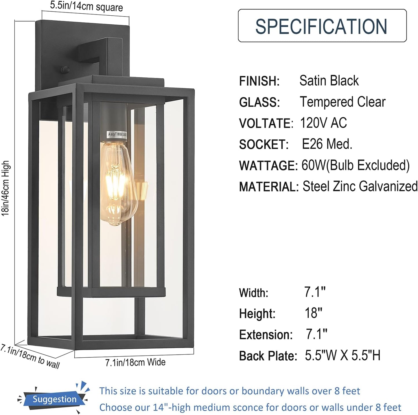 18" Outdoor Wall Light Fixtures Waterproofed Exterior Lantern W/Sturdy Rectangular Double Cage In Satin Black&Clear Tempered Glass,Sconce Mounted For House Patio,Front door,Porch,Garage Lighting 2Pack