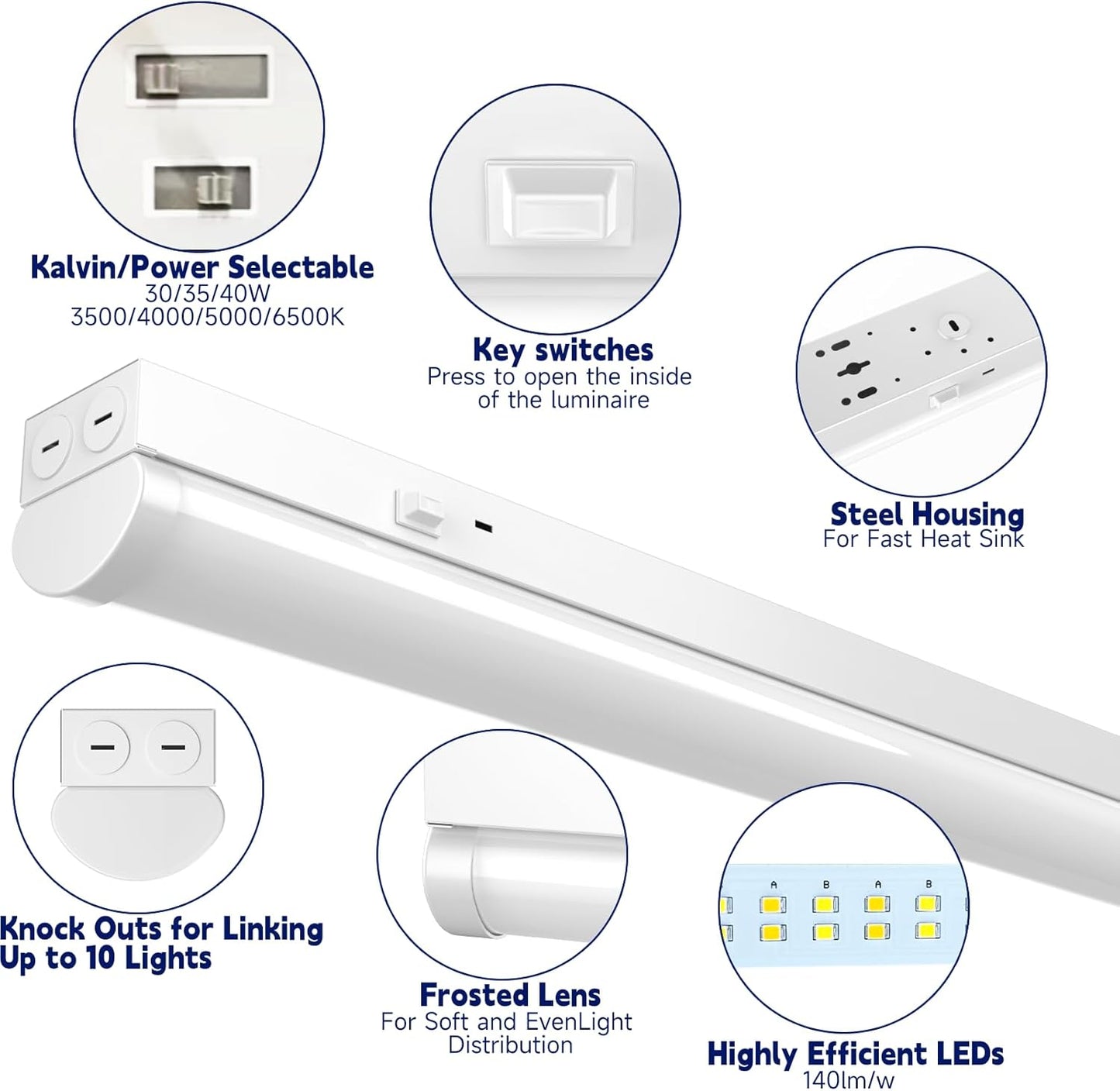 4FT LED Linear Strip Light, LED Shop Lights 30W/35W/40W Selectable,4 Color Selectable 3500K-6500K Adjustable,0-10V Dimmable Commercial Garage Office Ceiling Light Fixture, ETL DLC Listed (4 Pack)