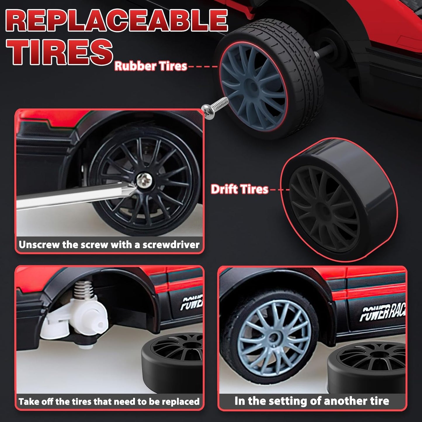 RC Drift Car, 1:24 Remote Control Cars 2.4GHz 4WD High Speed Drift RC Cars with LED Light and Dritfing Tires Racing Hobby Toy Car for Boys Girls Kids Adults (Red)