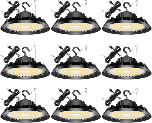 9Pack LED High Bay Lights, 240W UFO High Bay LED Shop Lights, 36000LM Adjustable CCT(5700K 5000K 4500K) & Power(240W 200W 150W), 0-10V Dimmable, 5' Cable Plug, IP65 Waterproof, ETL & DLC Listed