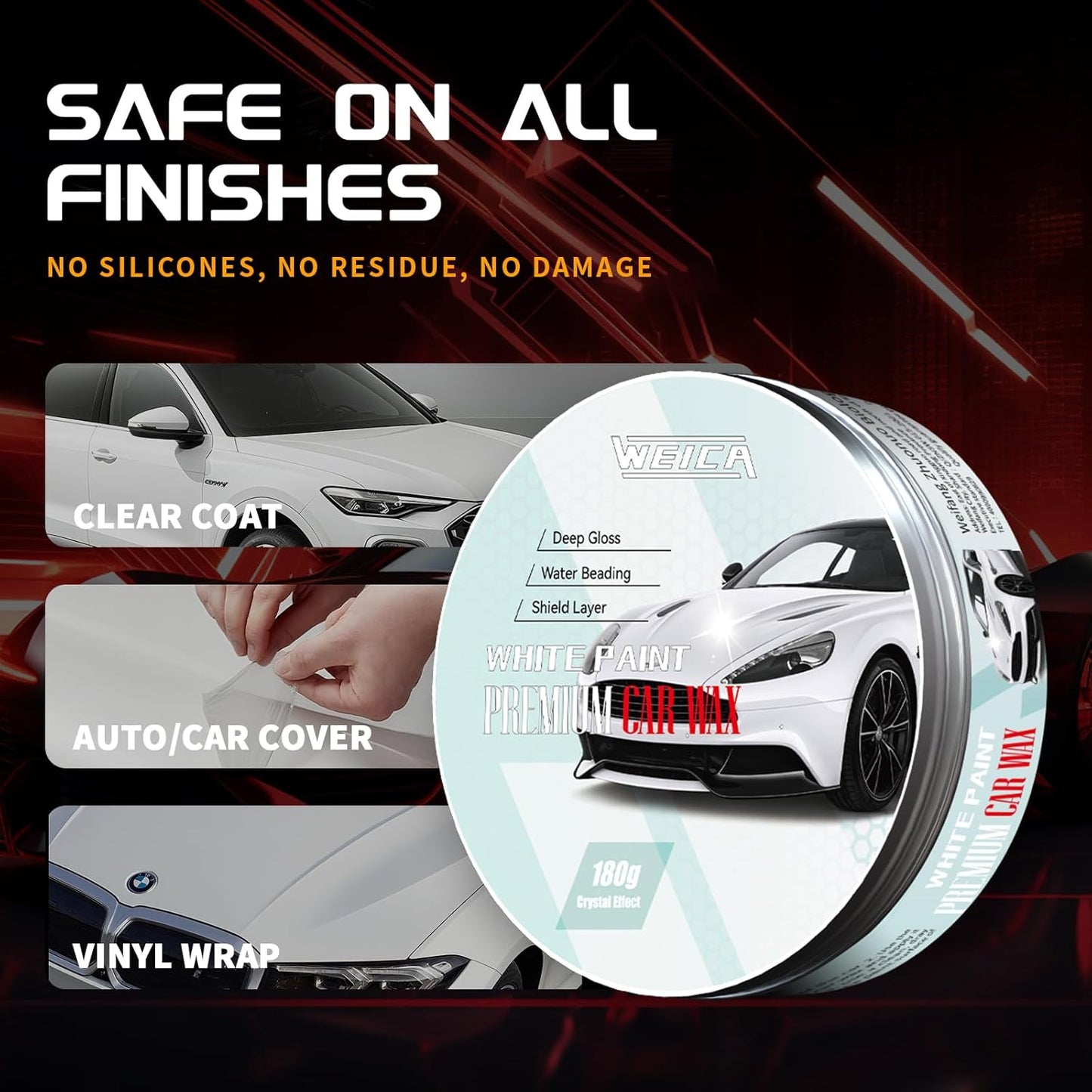 Car Wax for Light & Metallic Cars | White, Silver, Pearl | Anti-Yellowing Carnauba | 90° Water Beading & UV Shield