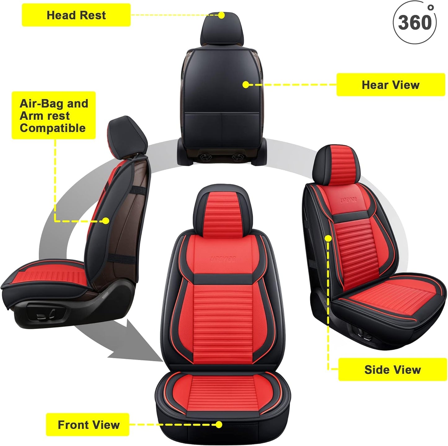 LINGVIDO Car Seat Covers, Breathable and Waterproof Faux Leather Automotive Seat Covers for Cars SUV Truck Sedan,Universal Anti-Slip Seat Cover with Backrest (Front Seat, Red+Black)