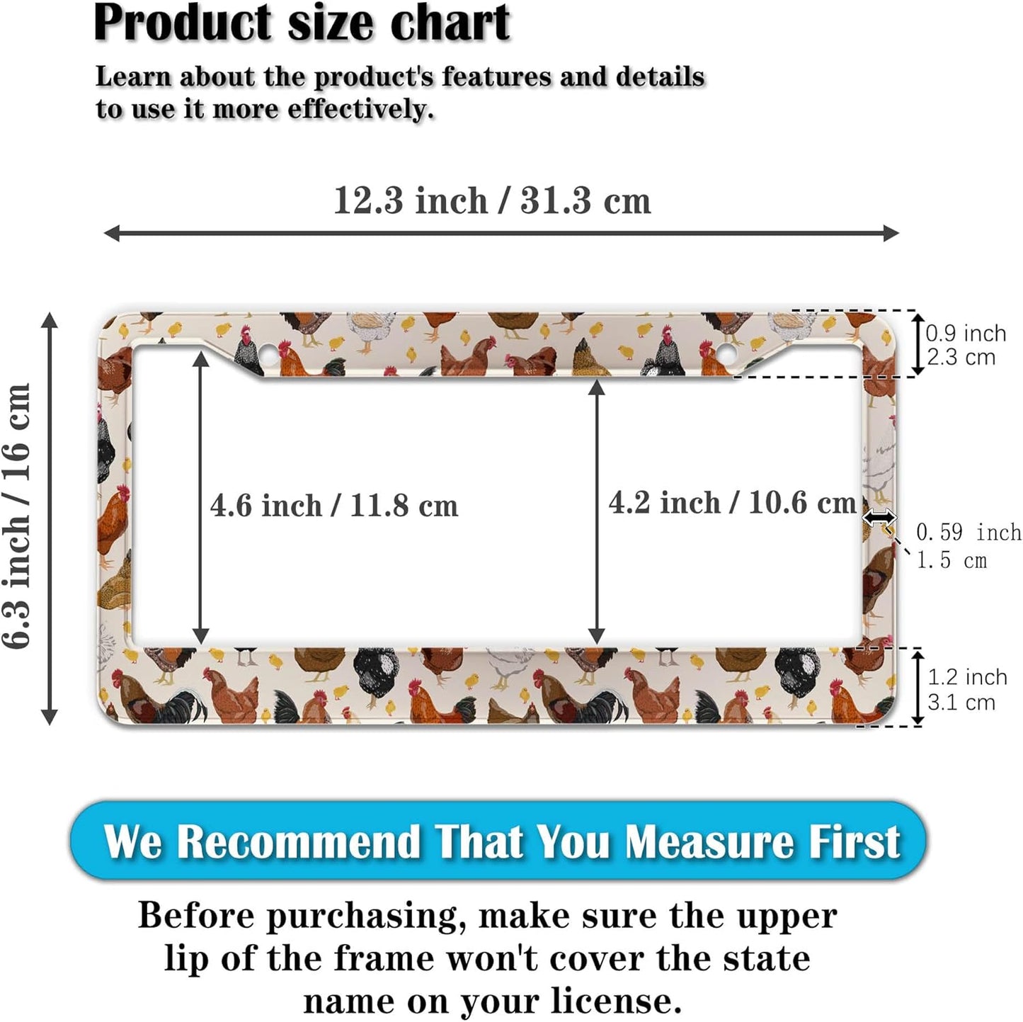 License Plate Covers for Women Multicolor License Plate Frames for Men Chicken Flower Aluminum Metal Car Accessory 2 Pack with Screw Covers Set