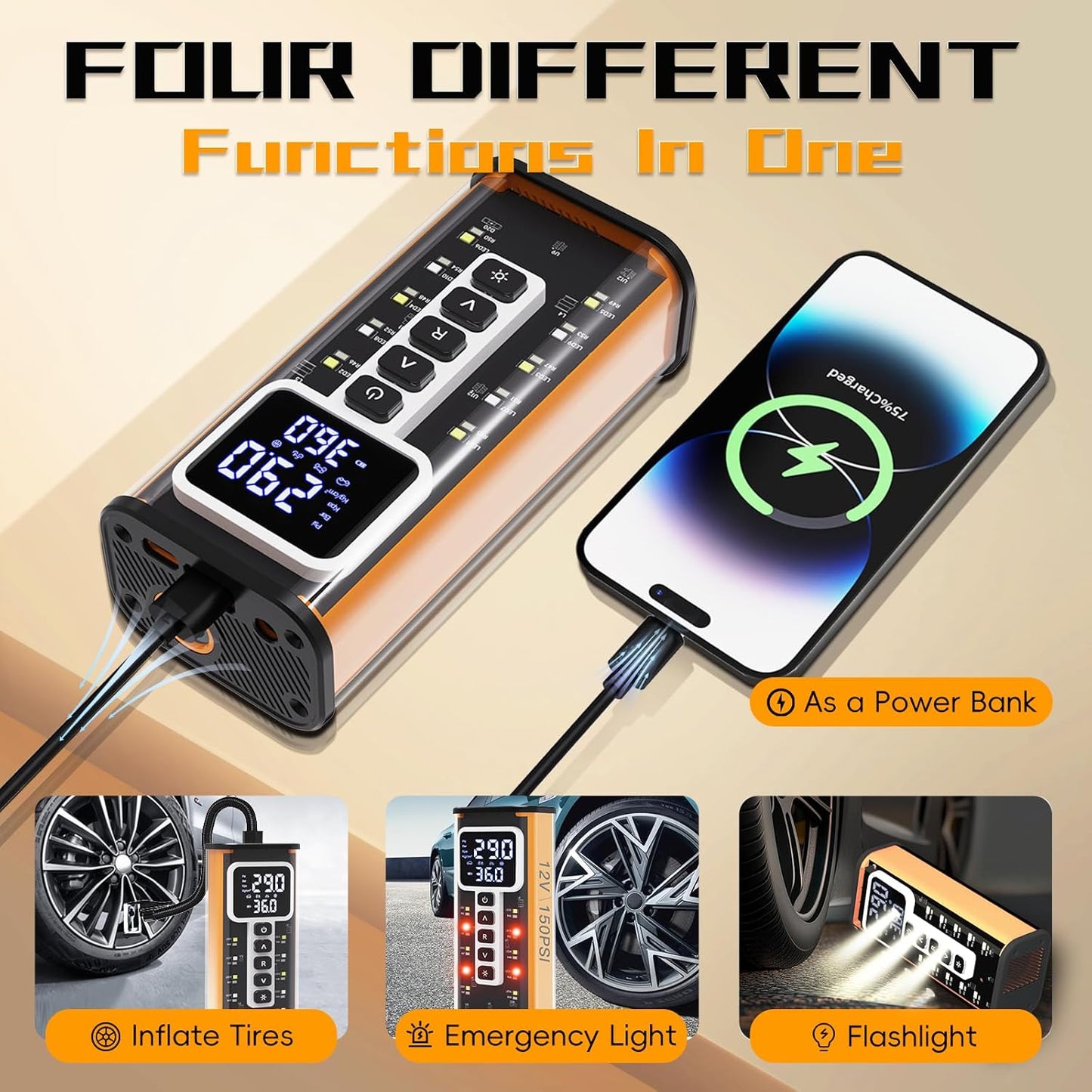 Tire Inflator Portable Air Compressor, Air Pump for Car Tires 5X Faster 150 Psi Digital Pressure Gauge, LED Light and Auto Shut-off Cordless Pocket Portable Pump for Car, Motorcycle, Bike, Balls etc.