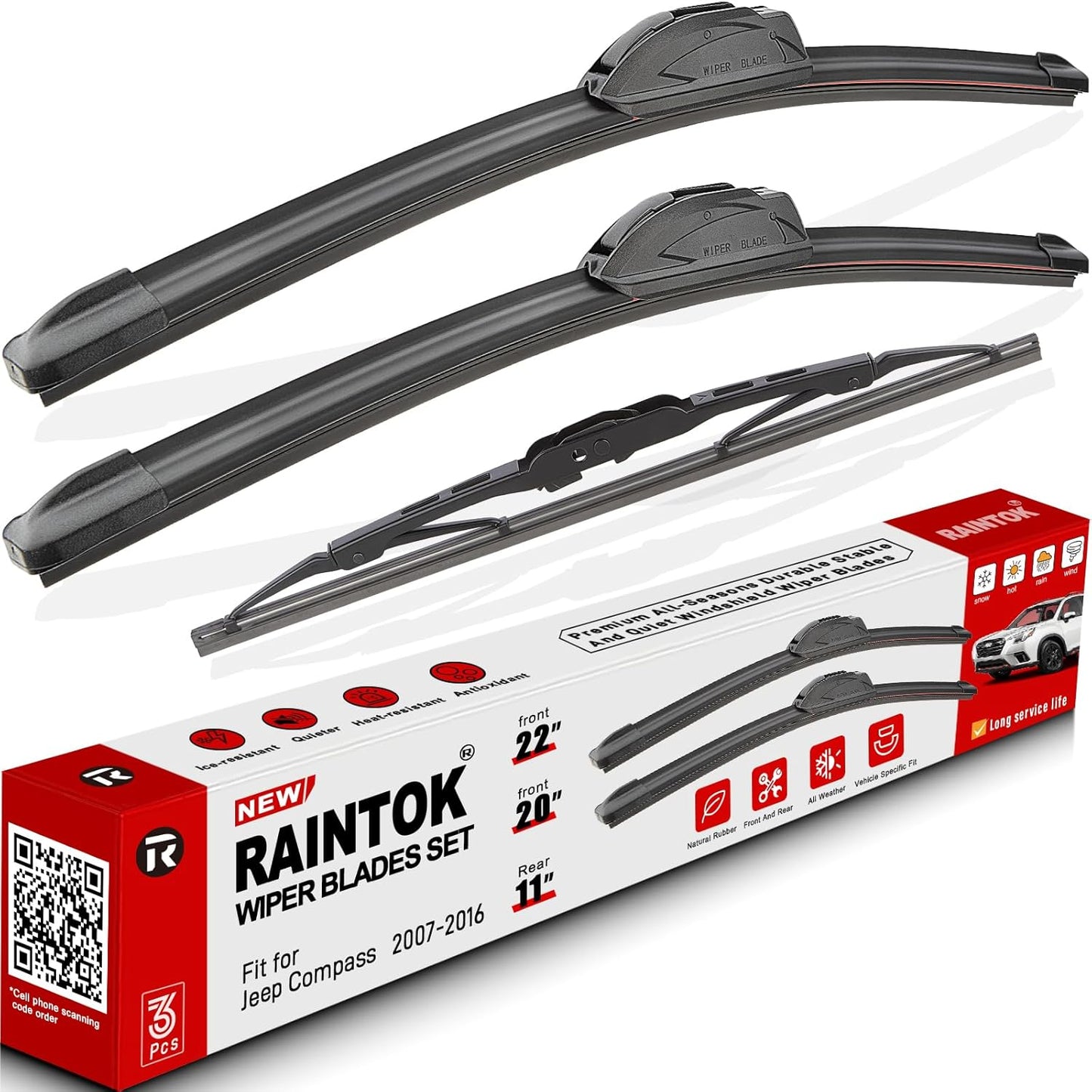 Windshield Wiper Blade Set Replacement for 2007-2016 Jeep Compass Original Equipment Replacement Front Rear Wiper Blades-22"/20"/11" (Set of 3) U/J Hook