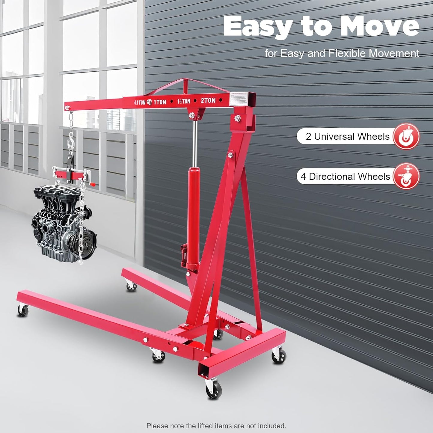 Folding Engine Crane 2 Ton Folding Engine Hoist with Engine Leveler 4400lbs Hydraulic Crane with 6 Iron Caster Wheels for Garage, Workshop (Red)