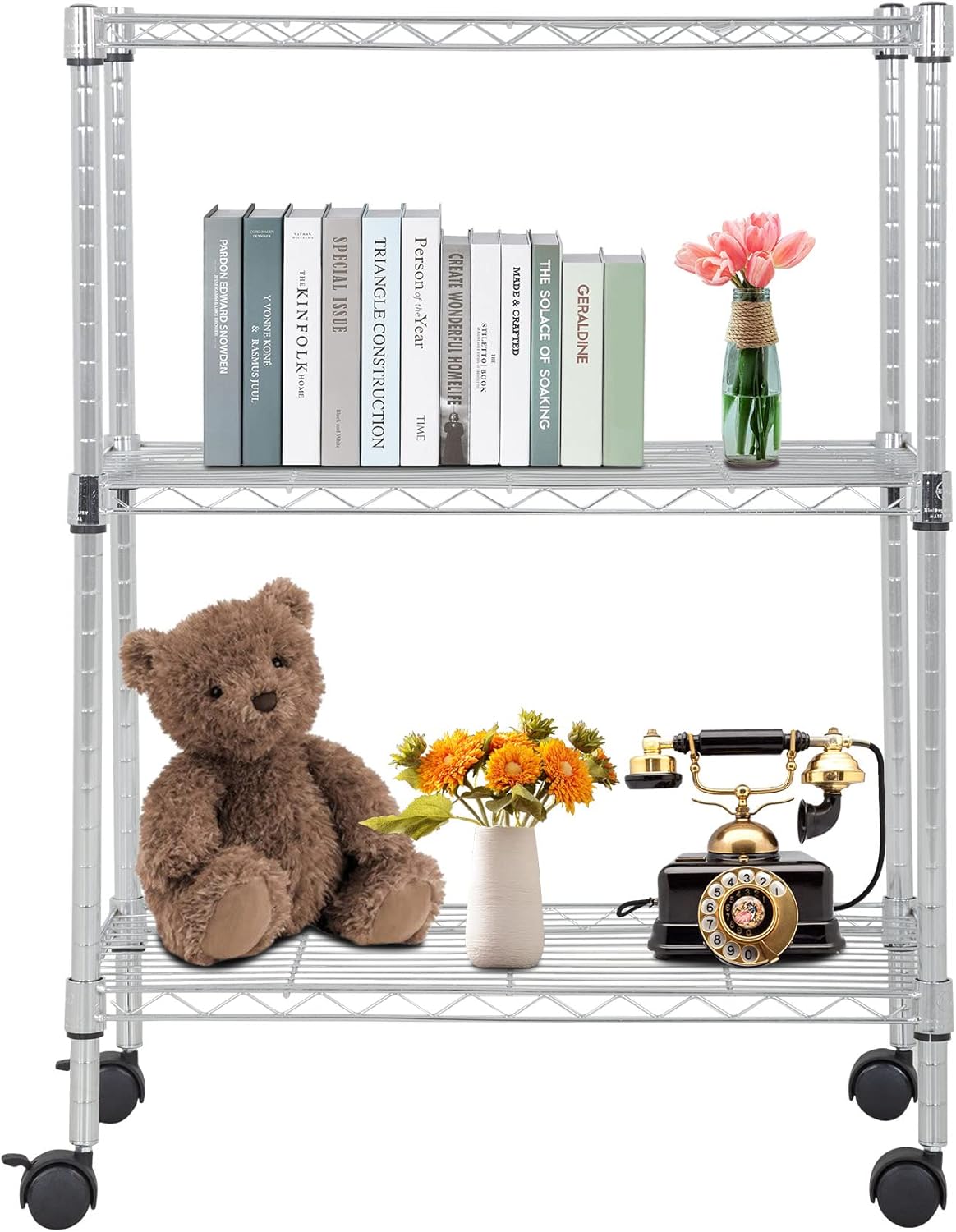 BestOffice 3-Tier Adjustable Wire Shelving Storage Shelves Heavy Duty Shelving Unit with Wheels for Small Places Kitchen Garage Balcony,Chrome