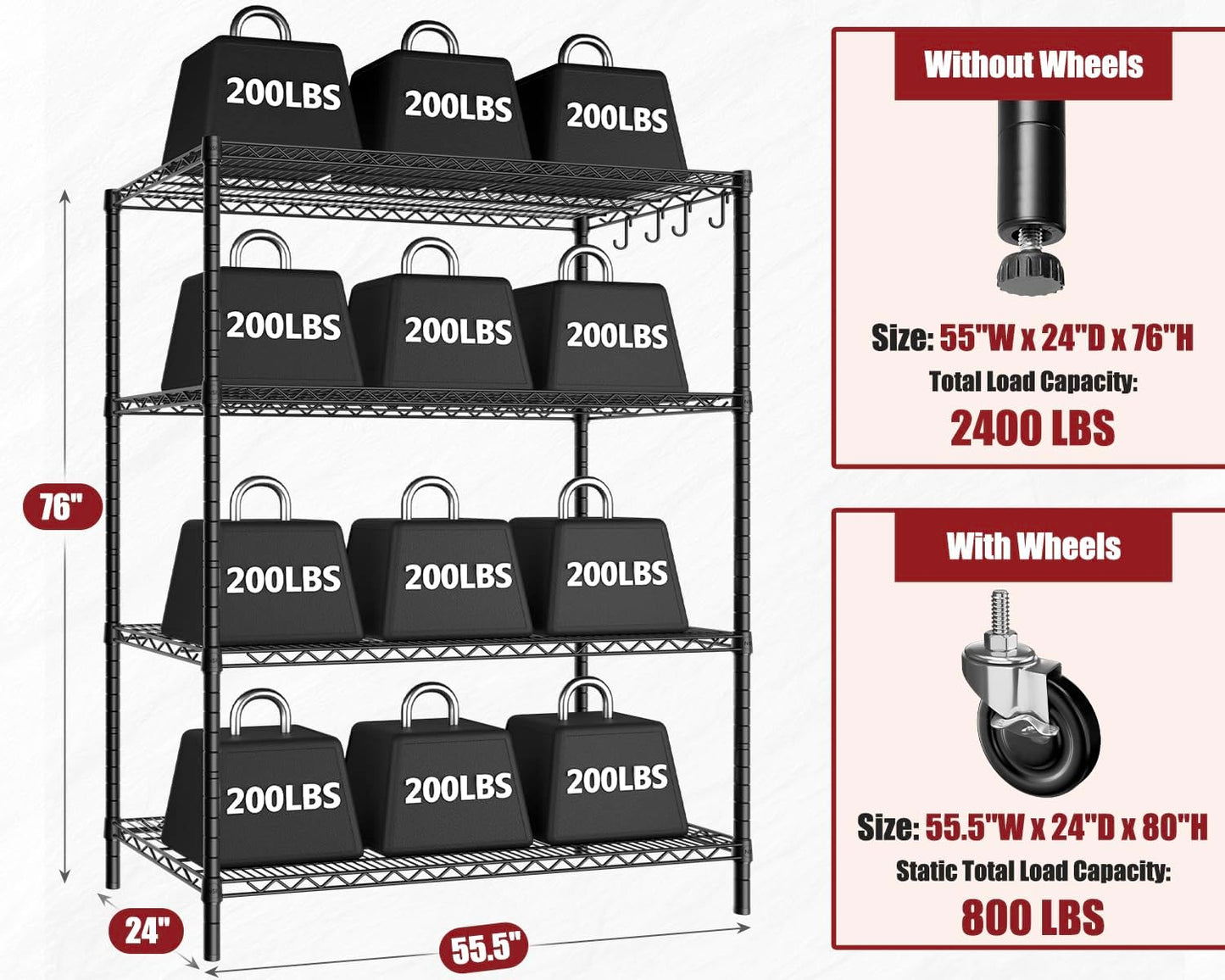 PrimeZone 2 Packs 55.5" W x 24" D x 80" H Heavy Duty Wire Storage Shelves with Wheels, 4 Tier Adjustable NSF Certified Garage Shelving Unit, Rolling Metal Organizer Shelf Rack for Warehouse, Pantry