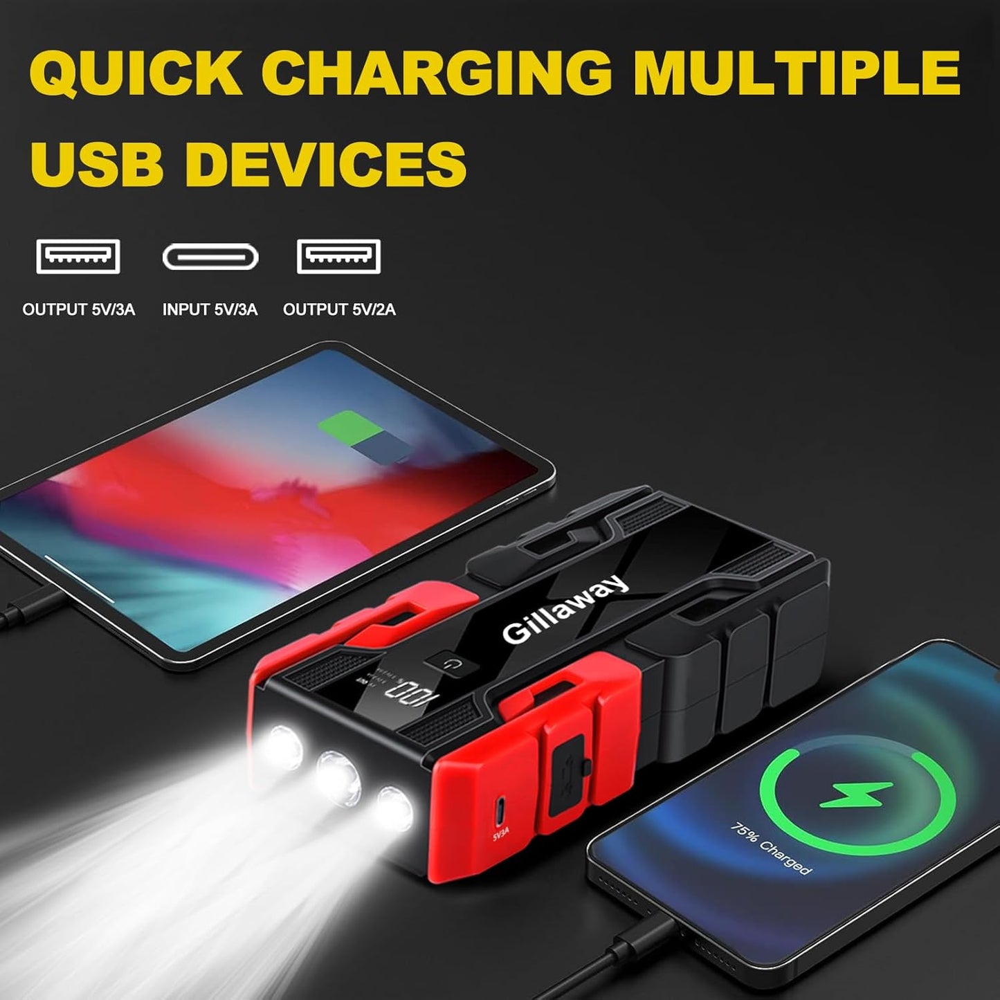 001B 4000A Car Jump Starter, Jump Starter Battery Pack for Up to 10L Gas and 8L Diesel Engines, Portable 12V Jump Box with USB Ports, LCD Display, Storage Case, LED Light