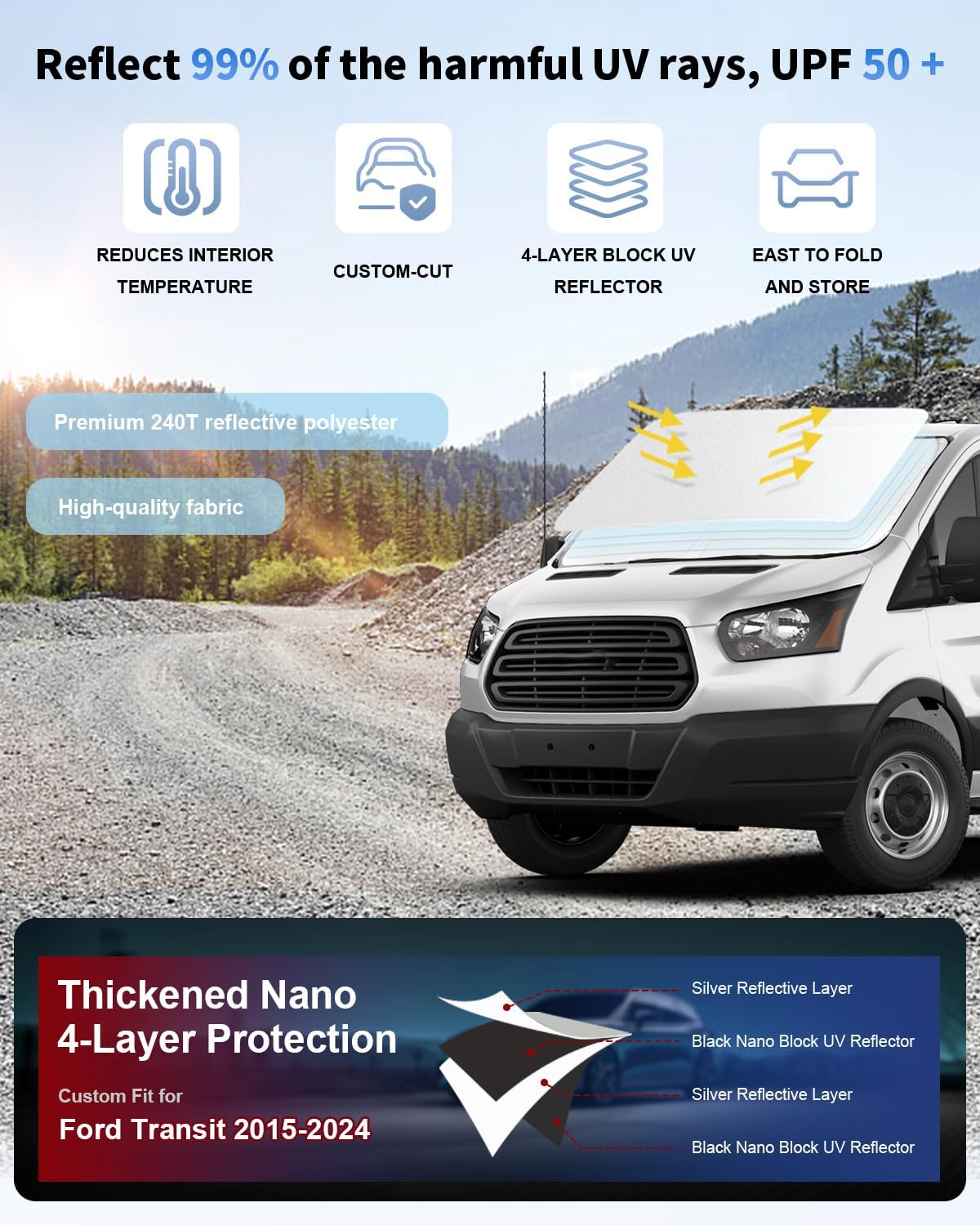 Sunshade for Transit Windshield Sun Shade Custom Sun Visor Fit 2015-2025 2026 Ford Transit Wagon XL Wagon XLT ＆ Van XL Accessories Foldable Double Layer Window Heat Shield Protector Block UV Ray