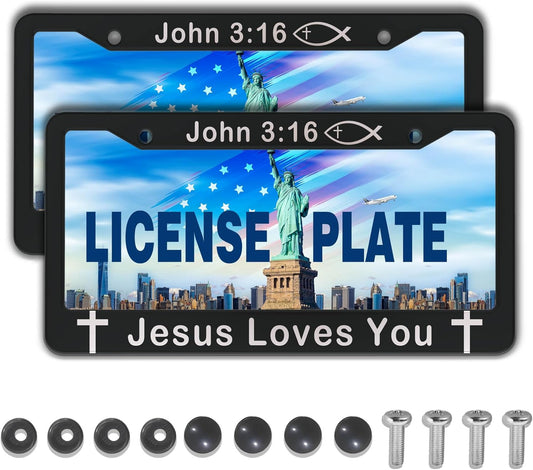 License Plate Cover Black and White License Plate Frames John 3:16 Jesus Loves You Universal Aluminum Car Accessory 2 Pack with Screw Covers Set