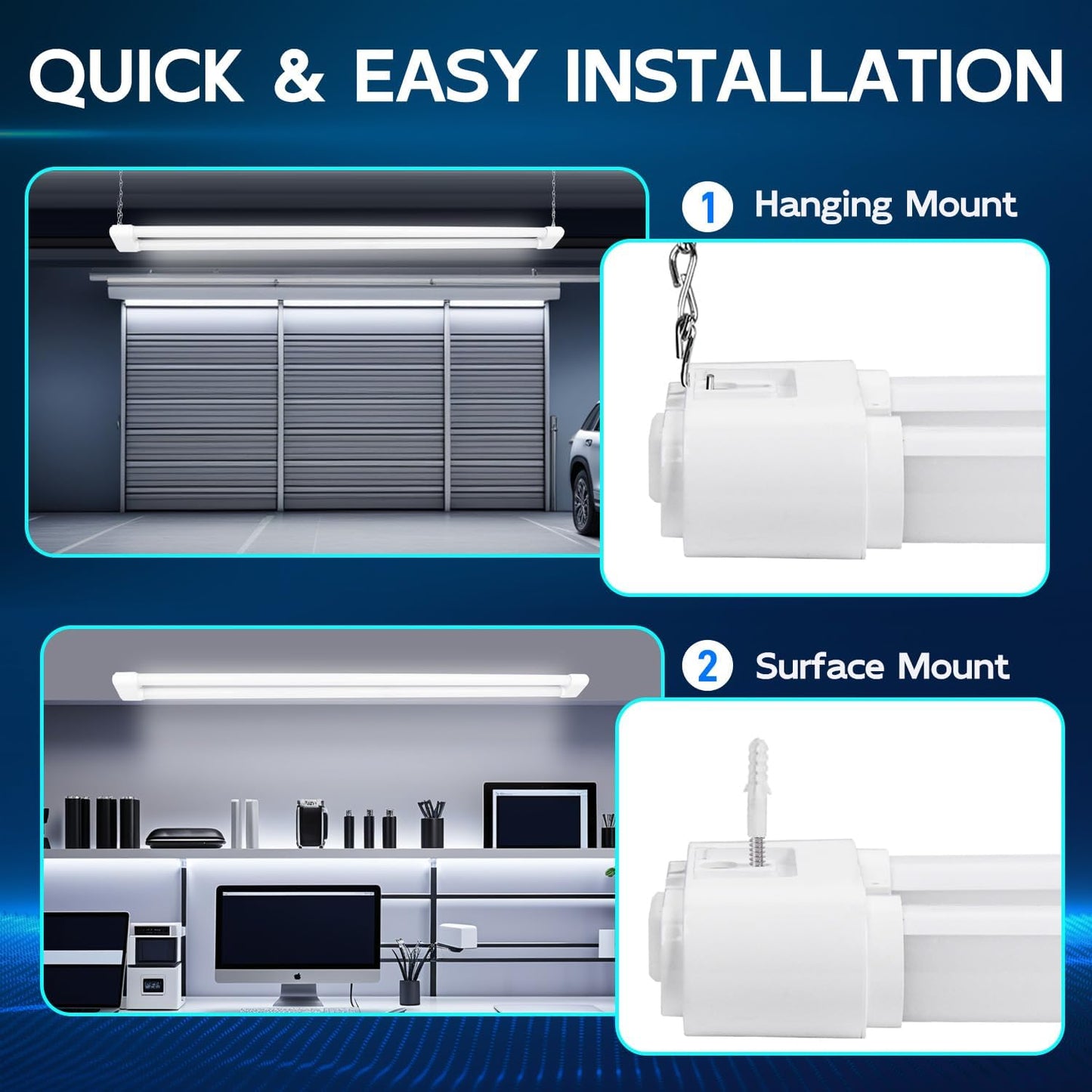 hykolity 4 Pack Linkable LED Shop Light, 4FT 44W [300W Equivalent], 4600lm, 5000K Daylight, Plug-in Utility Light Fixture, Hanging or Surface Mount, White - Energy Efficient Lighting Solution