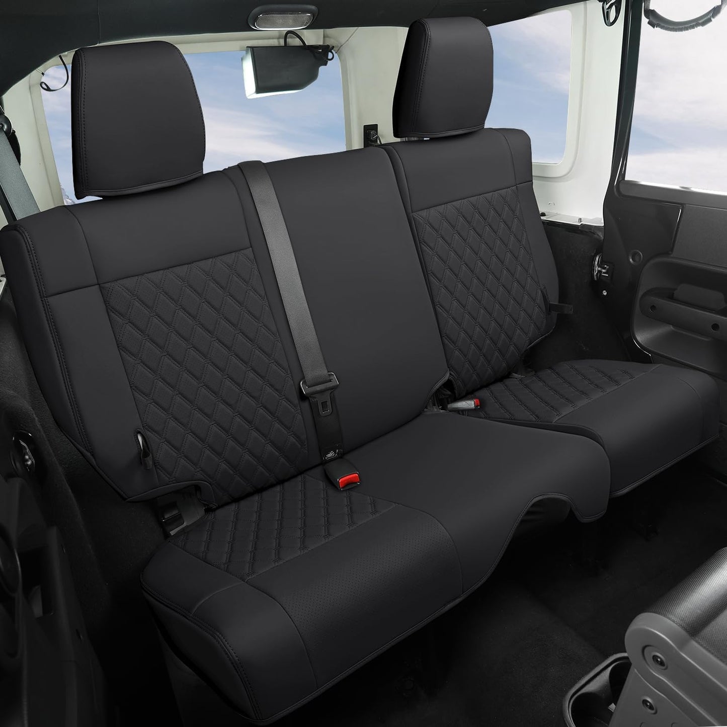 GIANT PANDA Customized Full Set Car Seat Covers for Jeep Wrangler 4 Door JK Unlimited Sahara Sport Rubicon X 2008 2009 2010, Faux Leather - (Black)