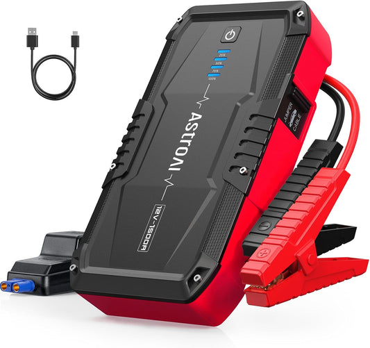 AstroAI S8 Car Battery Jump Starter, 1500A Peak Car Jumper Starter Battery Pack for Up to 6.0L Gas & 3.0L Diesel Engines, 12V Portable Jump Box with 3 Modes Flashlight and Jumper Cable (Red)