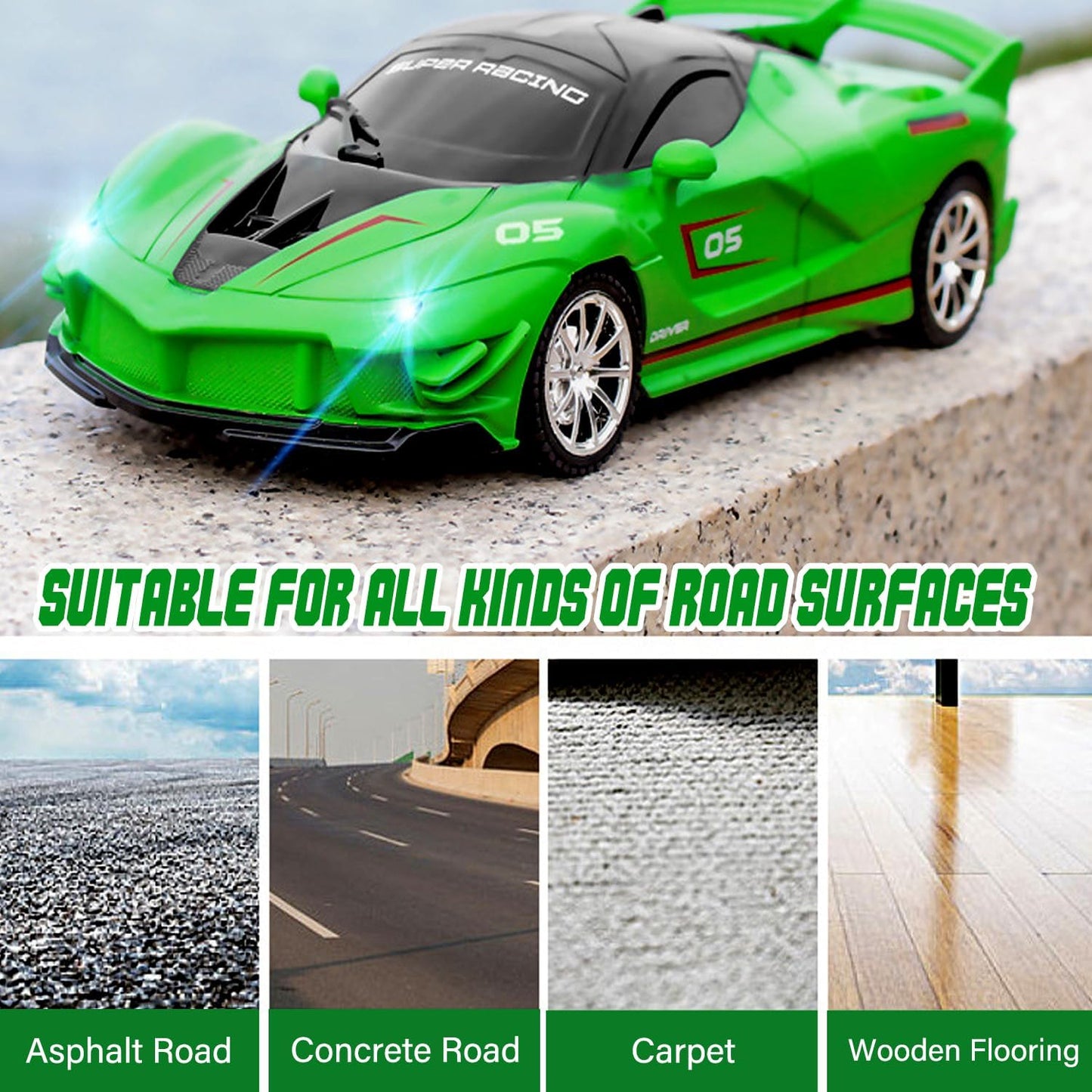 RC Cars - Remote Control Car for Kids, 2.4GHz Sport Racing Hobby Electric High Speed Drift Model Vehicle with Led Headlight and 2 Controller Rechargeable,Toys Car for Boys Age 4-7 8-12(Green)